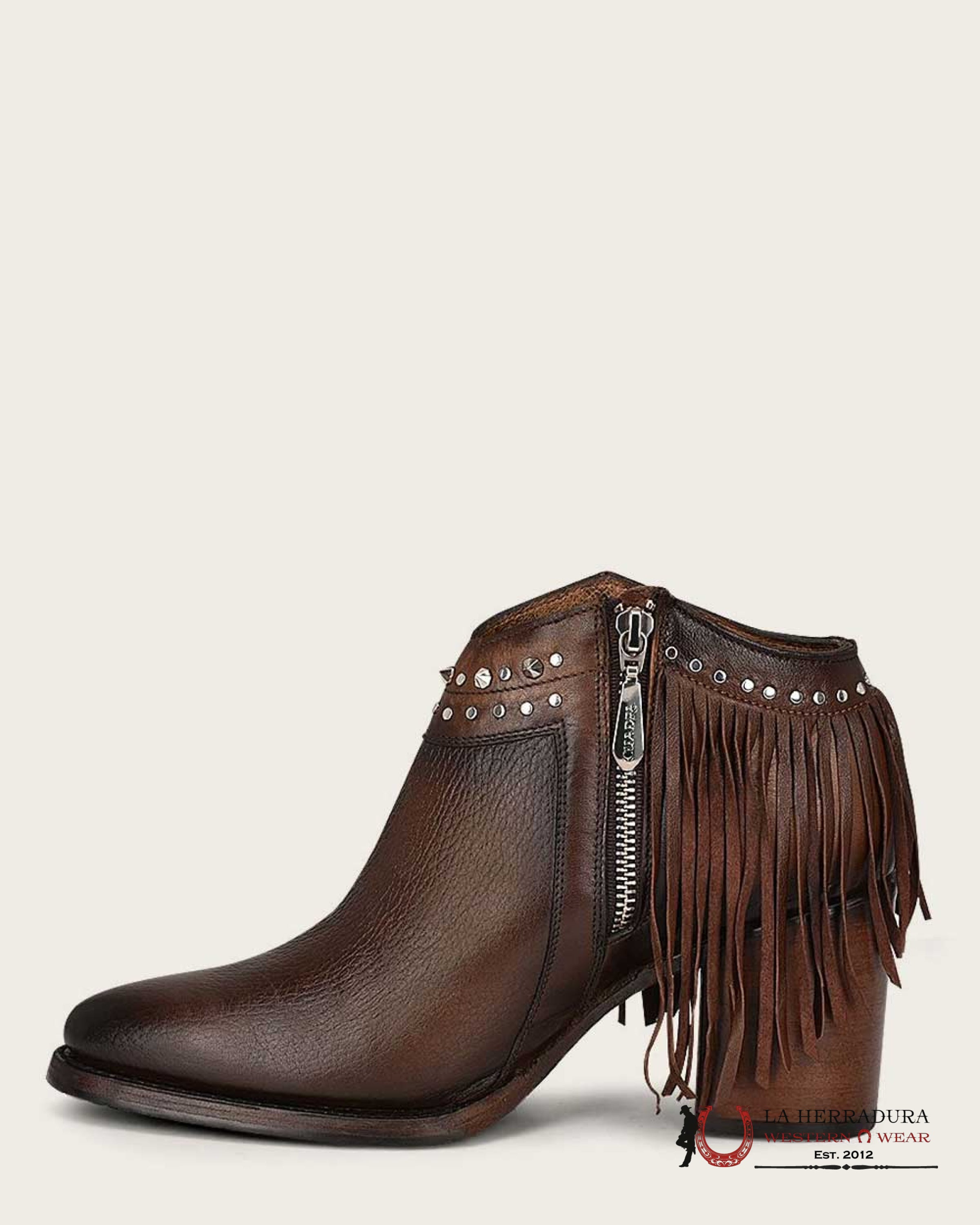 WOMEN’S CUADRA SHORT BOOT RES CHOCOLATE ZIPPER STUDS & FRINGE POINTED TOE BOTAS MUJERES