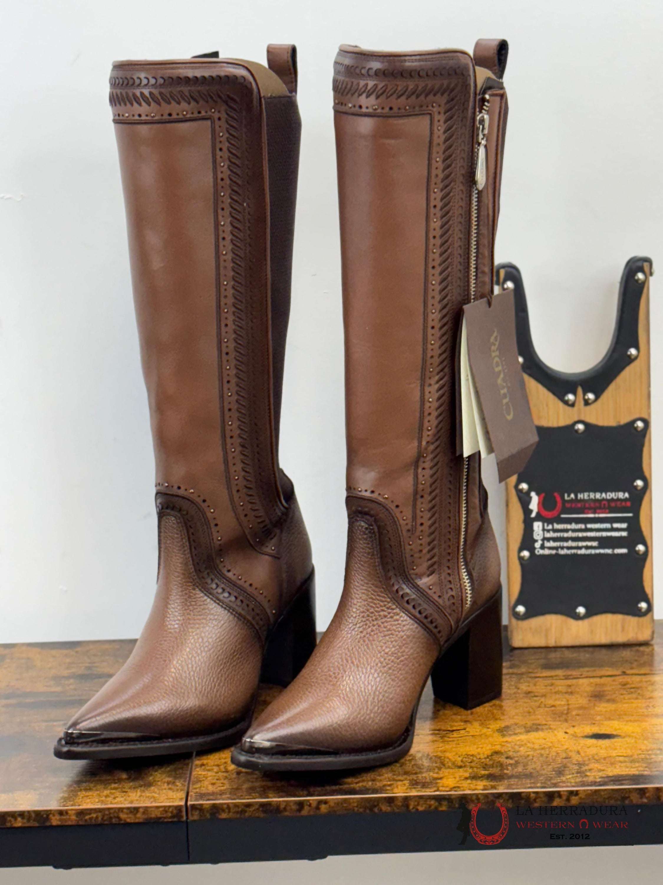 Women’s Cuadra Tall Boot Brown Laser & Woven Zipper Pointed Toe Botas Mujeres
