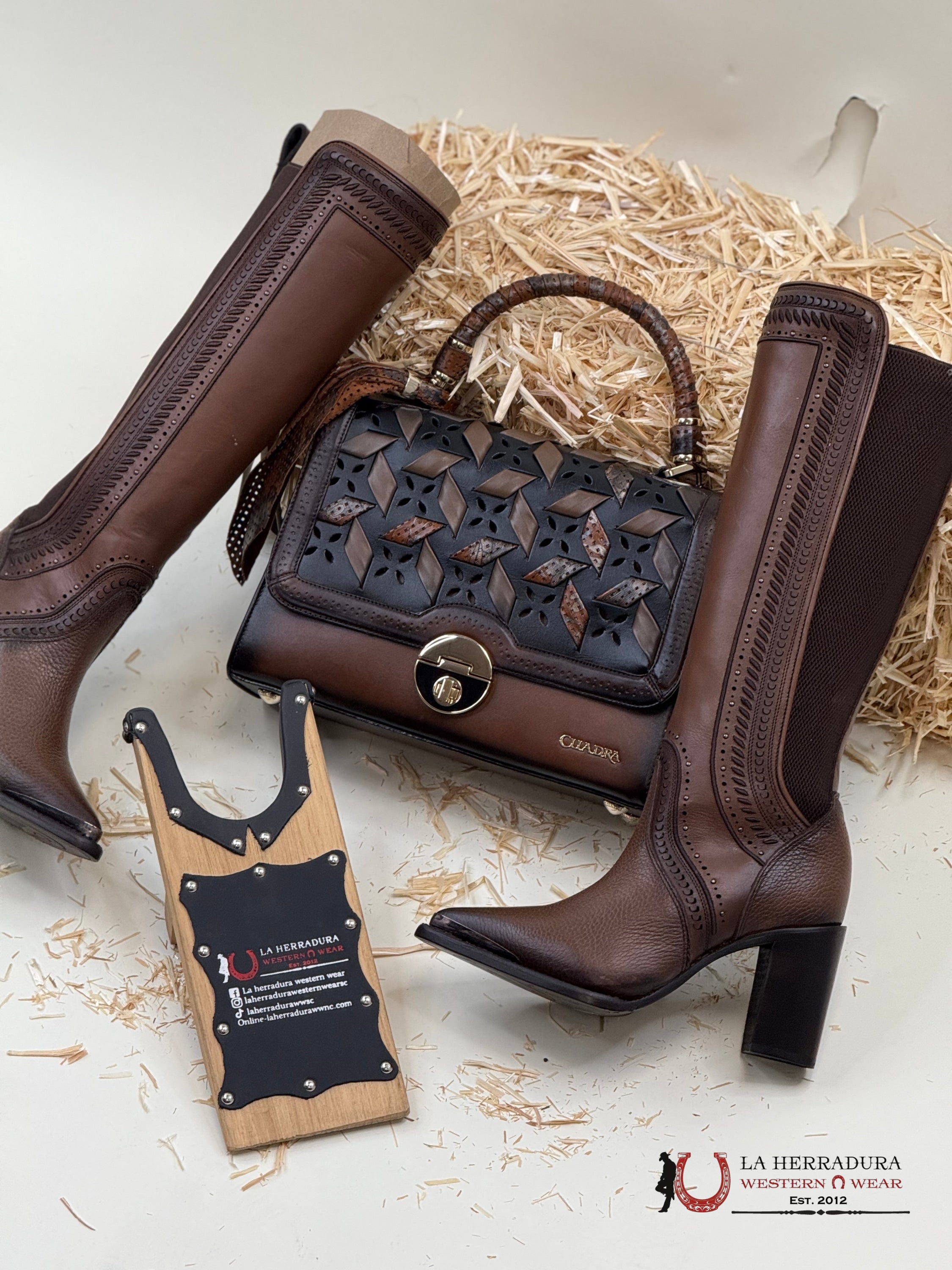 Women’s Cuadra Tall Boot Brown Laser & Woven Zipper Pointed Toe Botas Mujeres