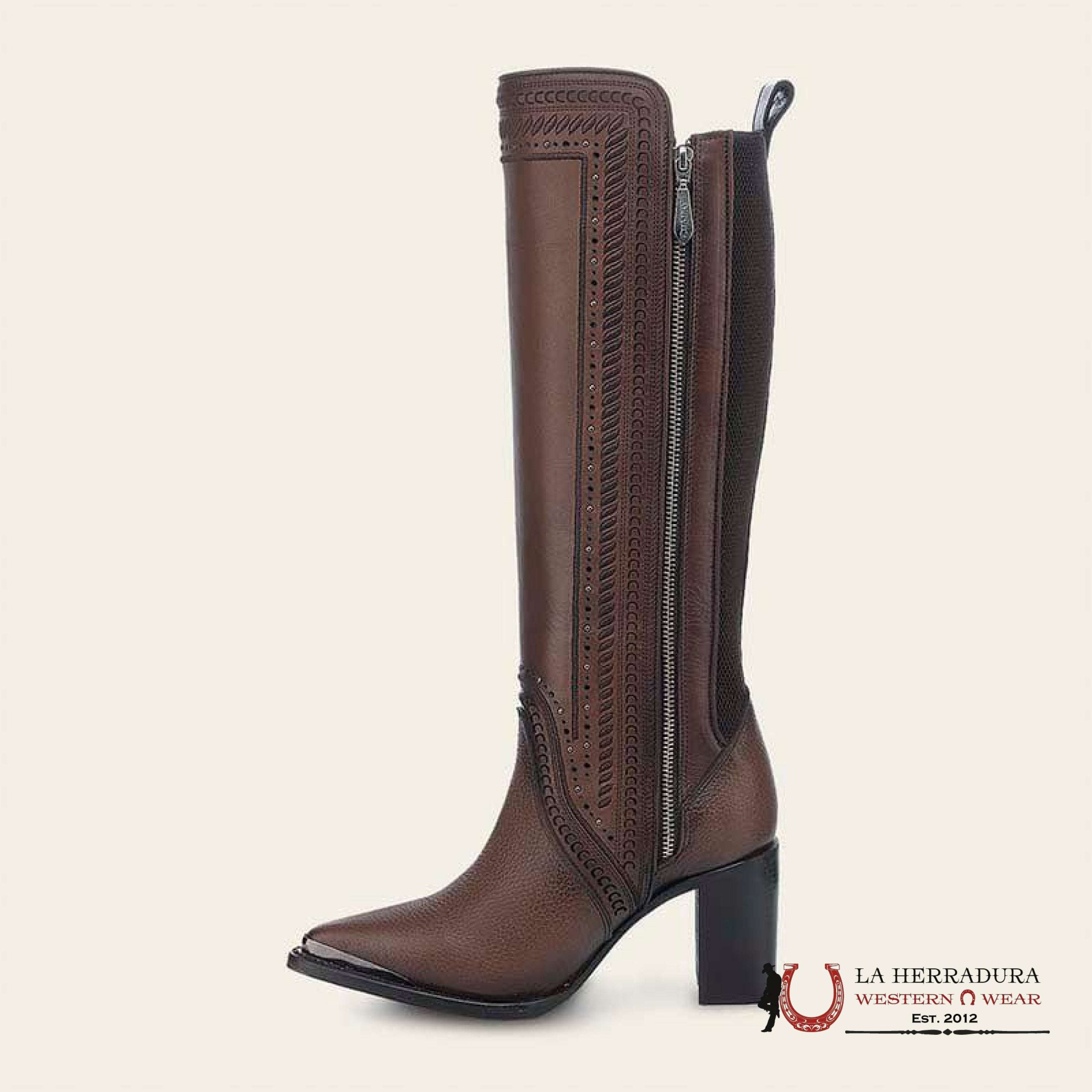WOMEN’S CUADRA TALL BOOT BROWN LASER & WOVEN & ZIPPER POINTED TOE CU871 BOTAS MUJERES