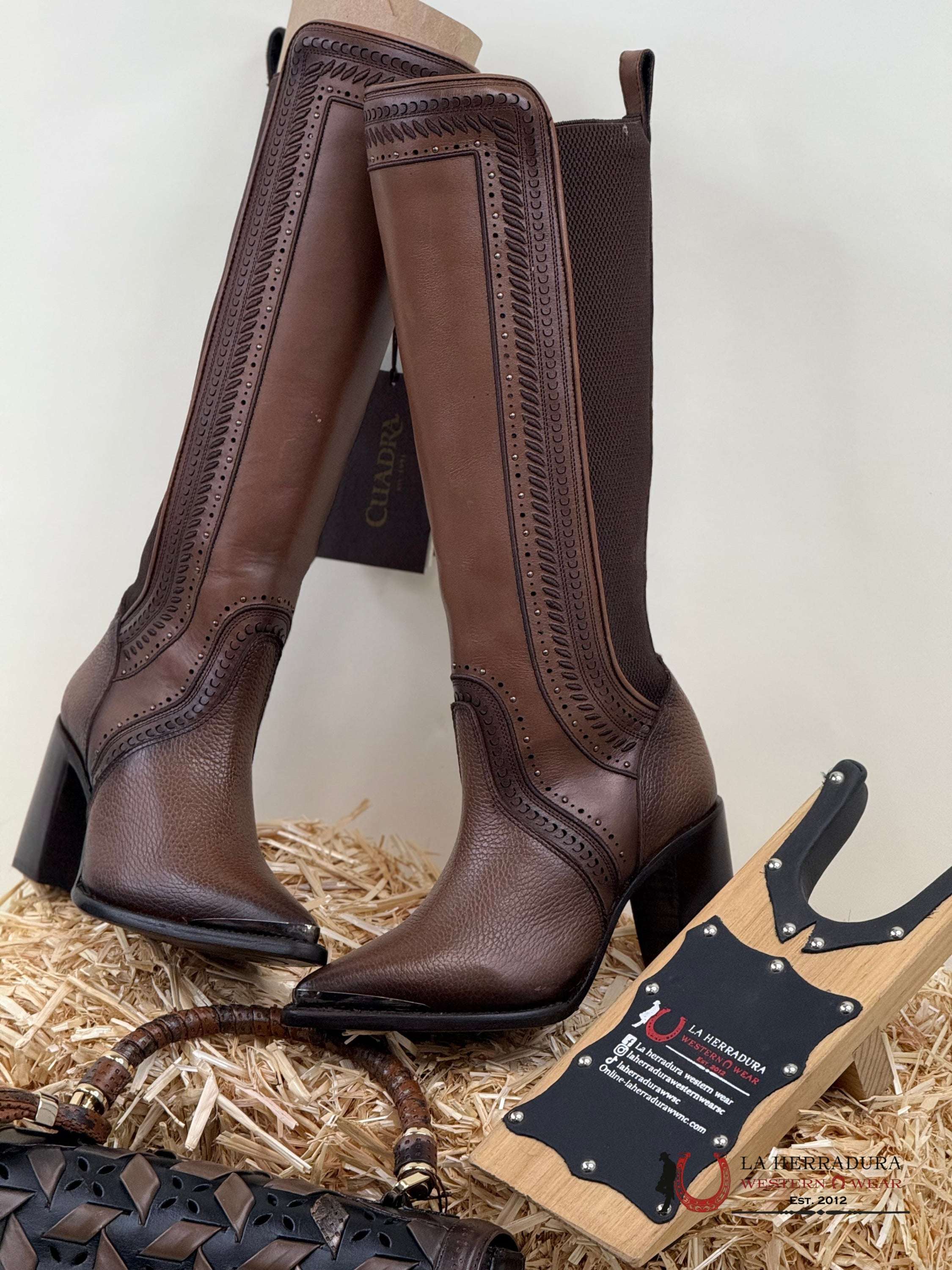 Women’s Cuadra Tall Boot Brown Laser & Woven Zipper Pointed Toe Botas Mujeres
