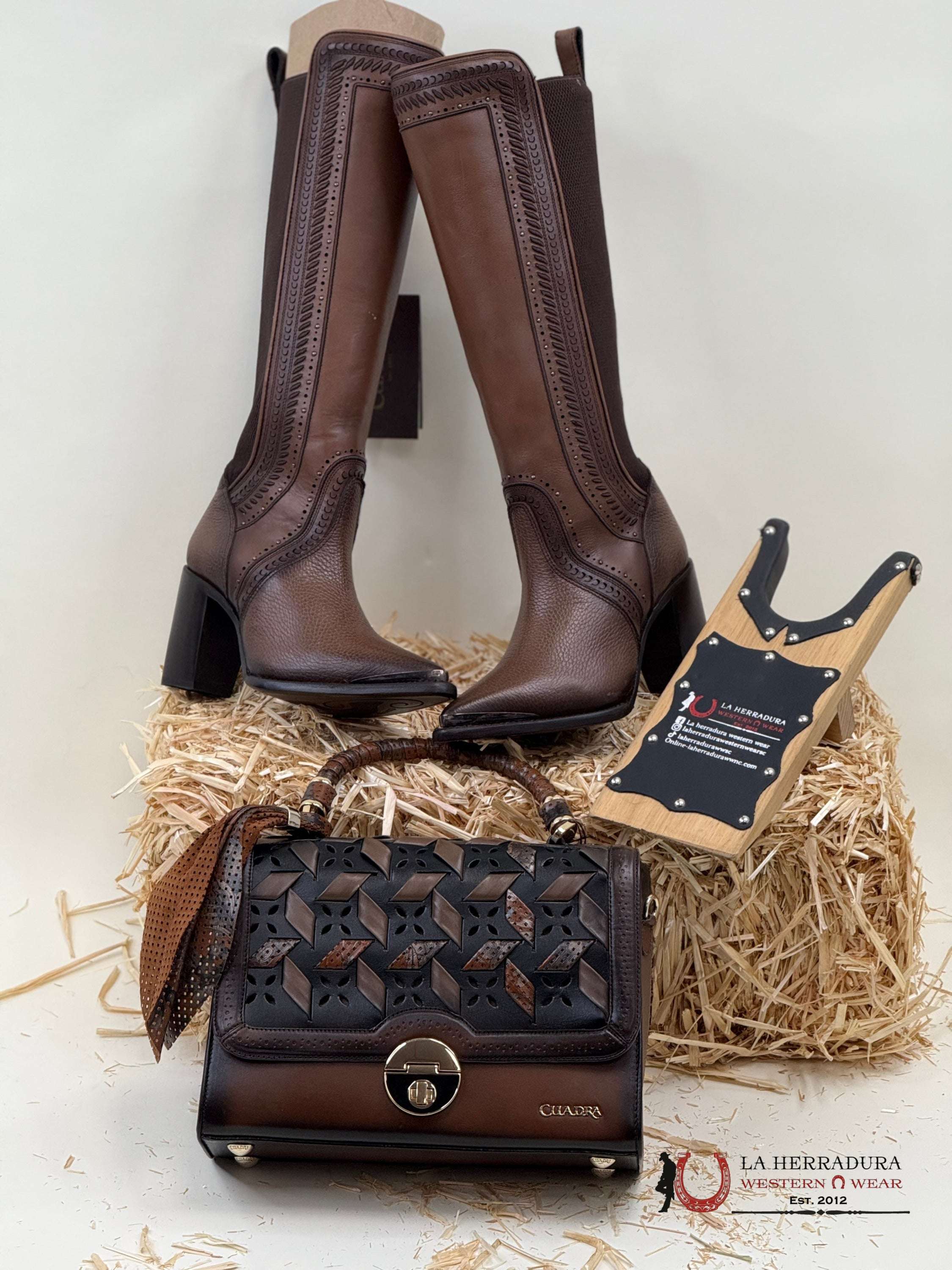 Women’s Cuadra Tall Boot Brown Laser & Woven Zipper Pointed Toe Botas Mujeres