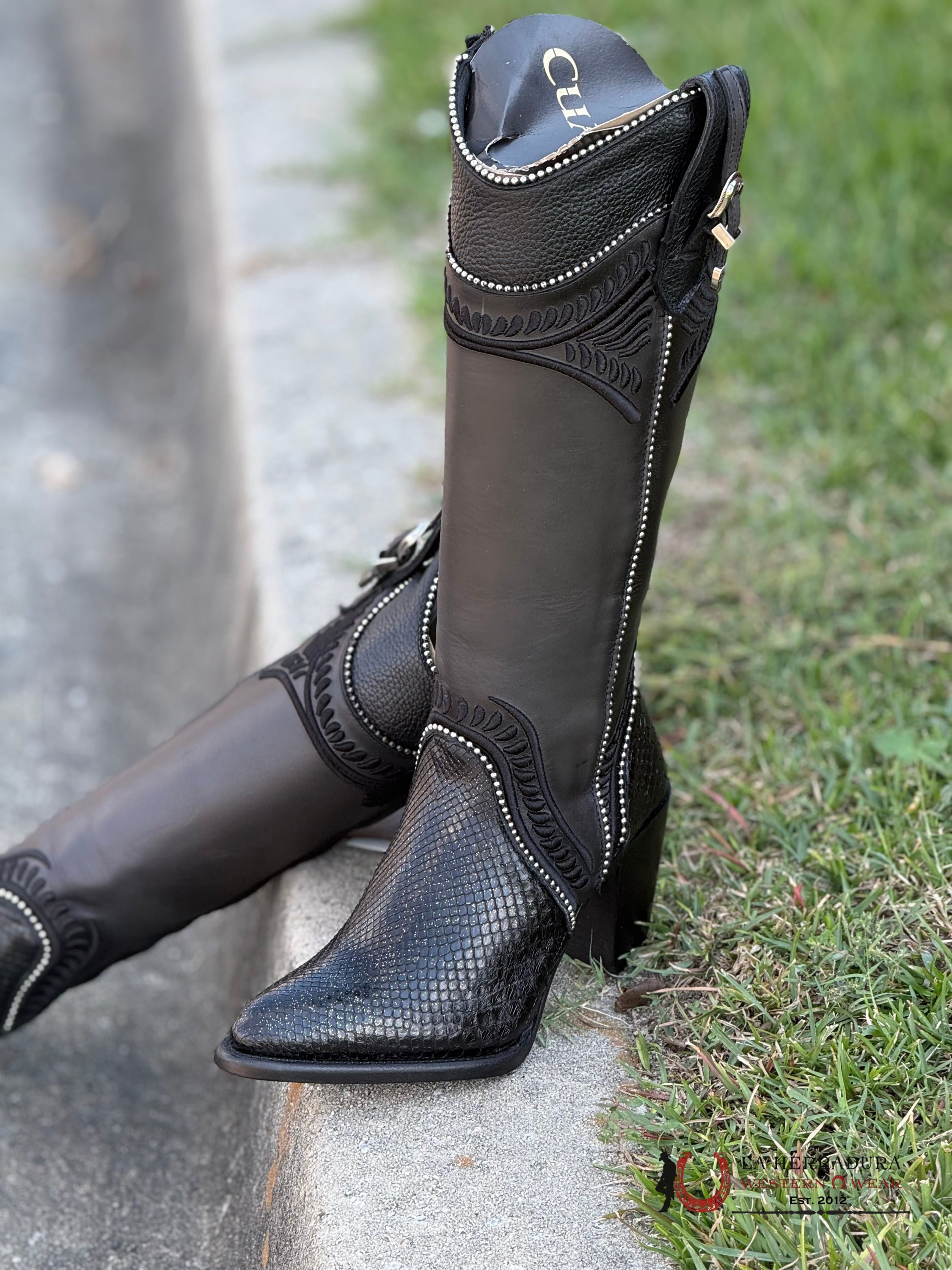 Women’s Cuadra Tall Boot Piton M Belly Cosmo Negro Embroidery Round Toe Botas Mujeres