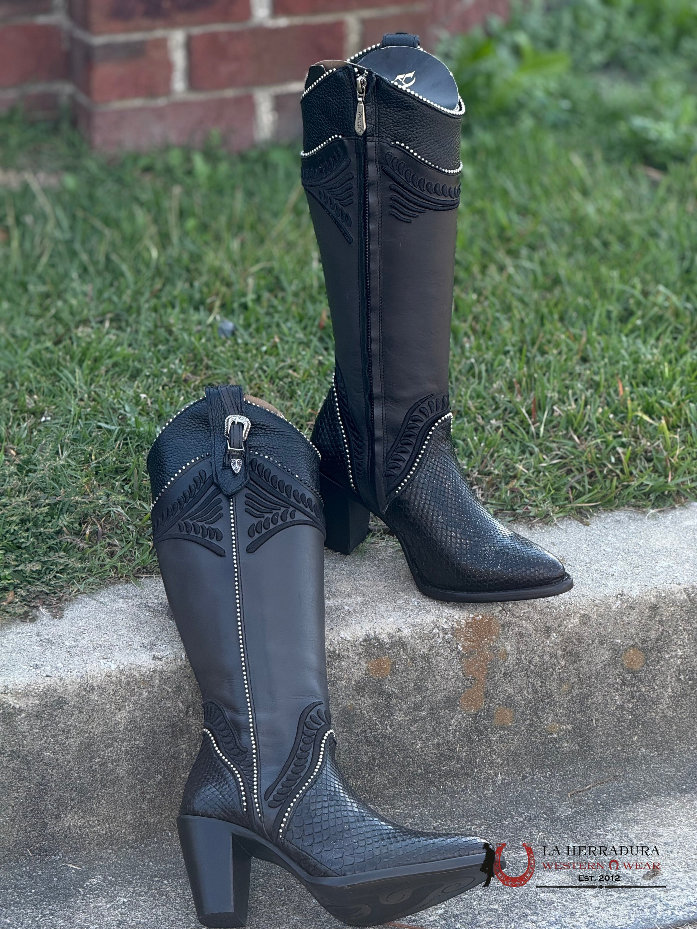 Women’s Cuadra Tall Boot Piton M Belly Cosmo Negro Embroidery Round Toe Botas Mujeres
