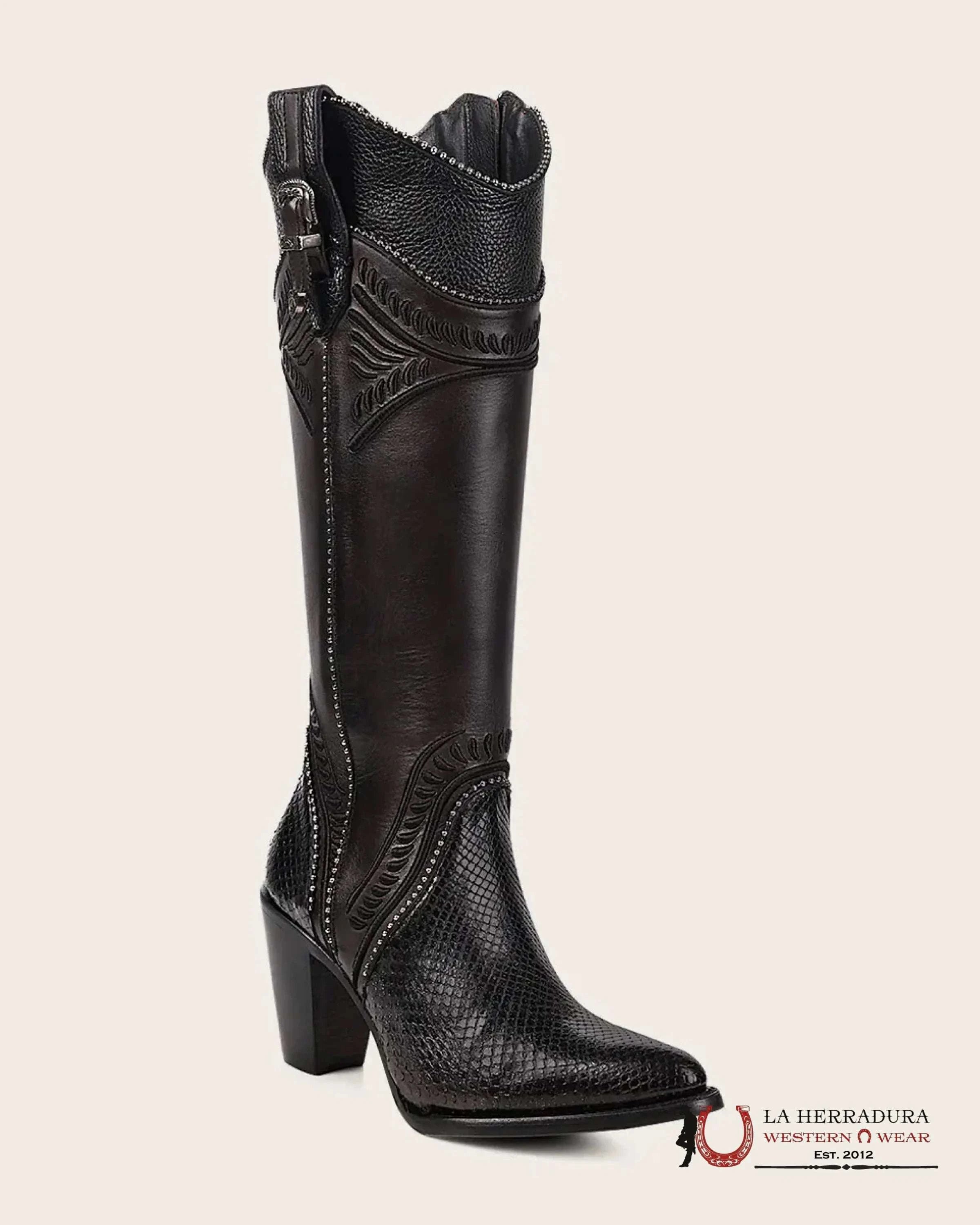 Women’s Cuadra Tall Boot Piton M Belly Cosmo Negro Embroidery Round Toe Botas Mujeres