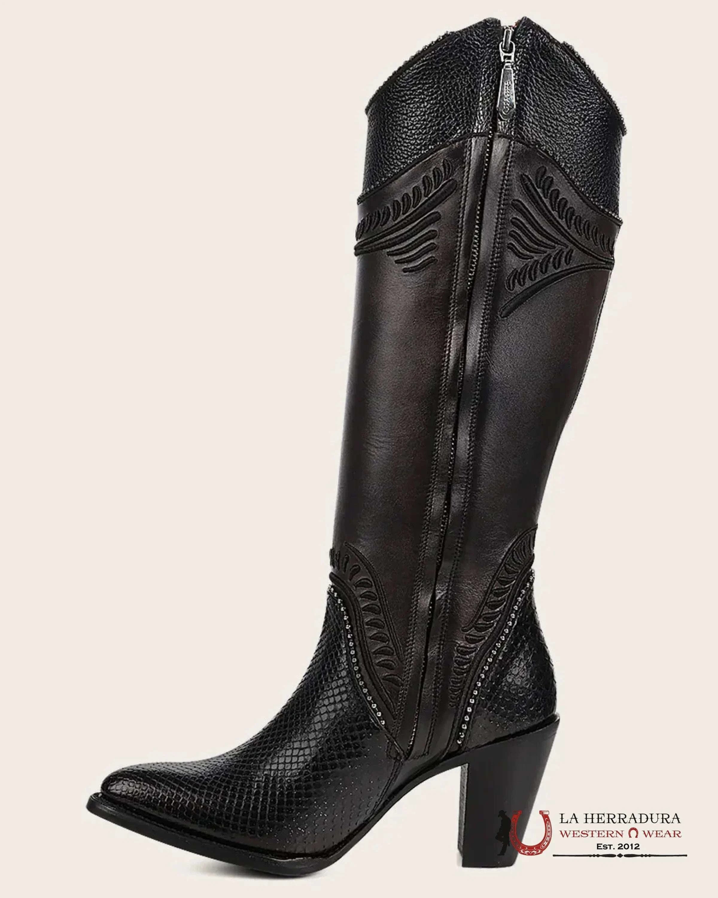 Women’s Cuadra Tall Boot Piton M Belly Cosmo Negro Embroidery Round Toe Botas Mujeres