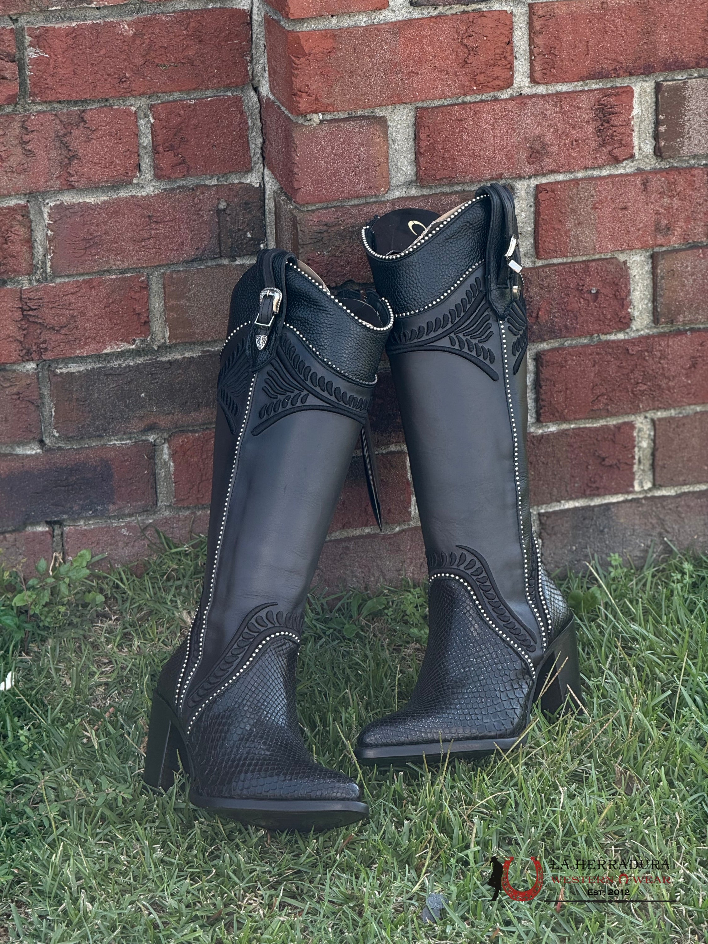 Women’s Cuadra Tall Boot Piton M Belly Cosmo Negro Embroidery Round Toe Botas Mujeres