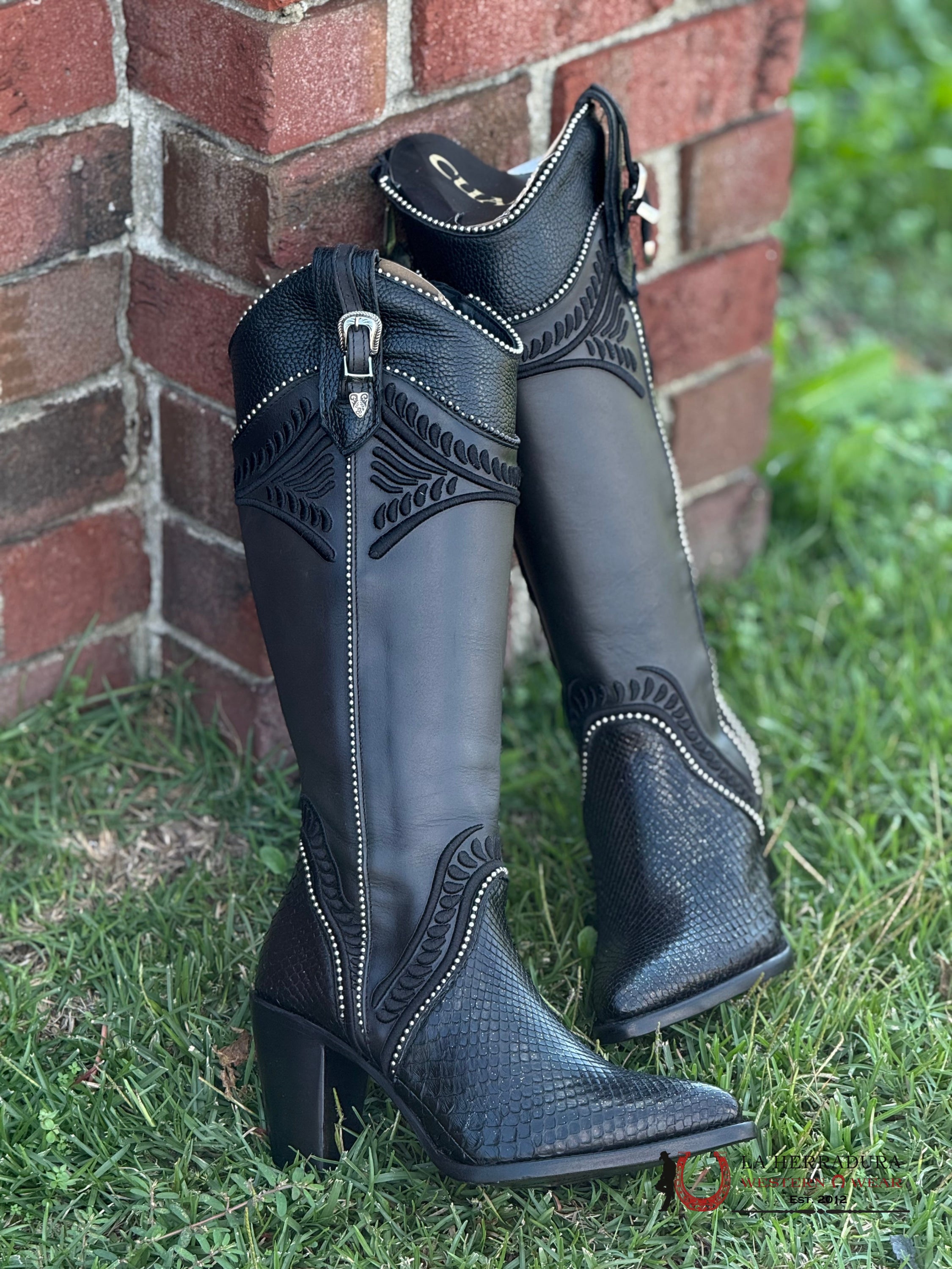 Women’s Cuadra Tall Boot Piton M Belly Cosmo Negro Embroidery Round Toe Botas Mujeres