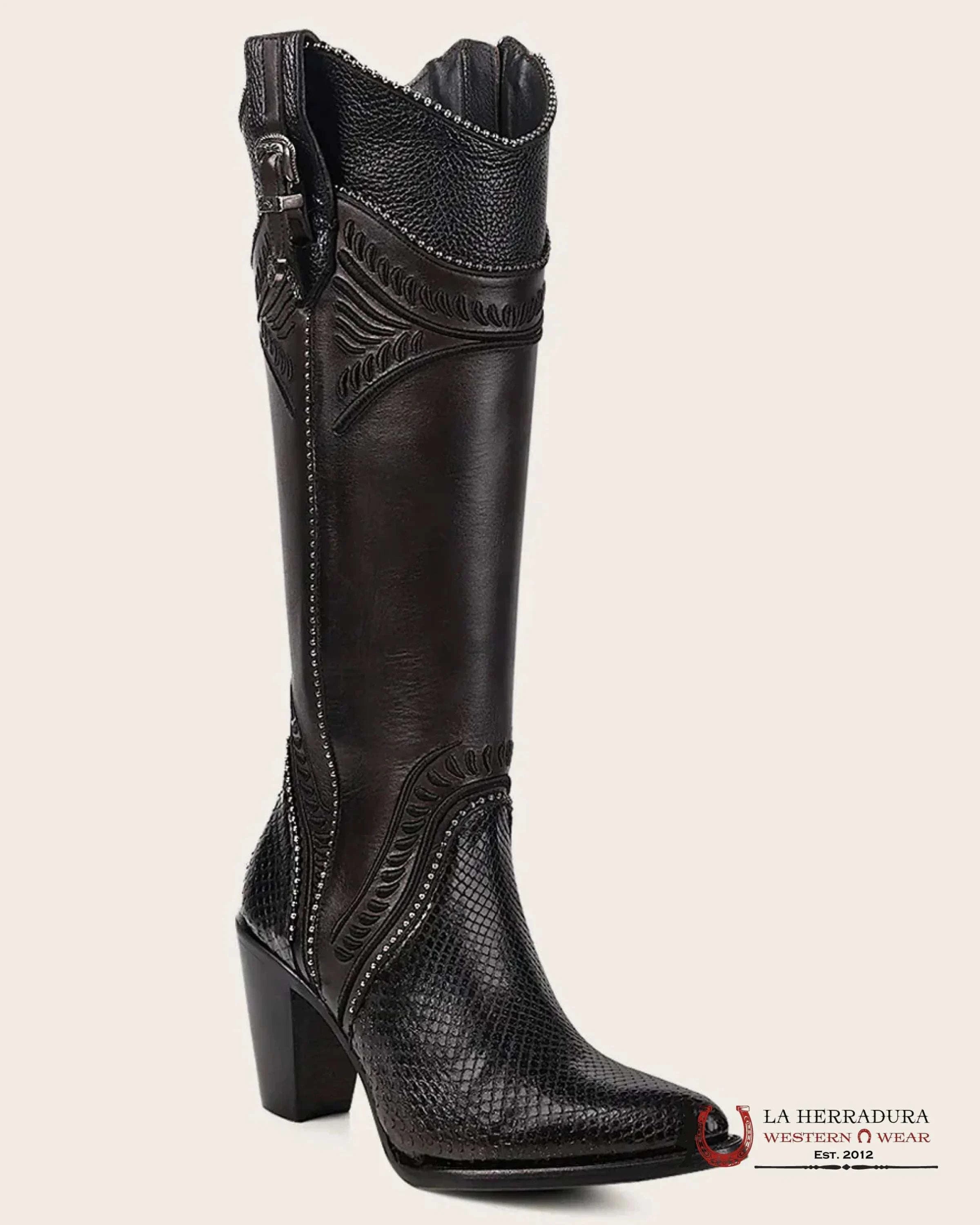 Women’s Cuadra Tall Boot Piton M Belly Cosmo Negro Embroidery Round Toe Botas Mujeres