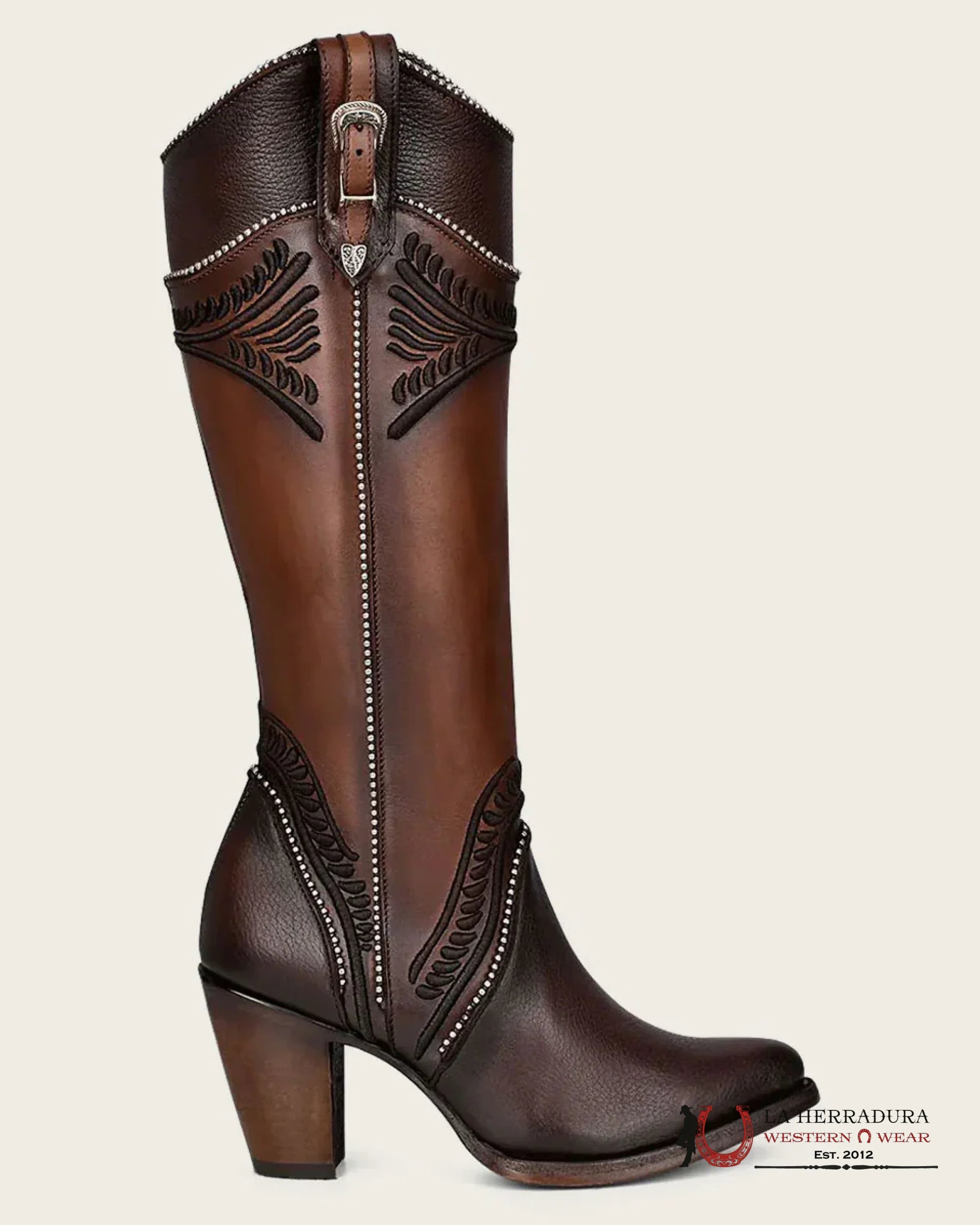 WOMEN’S CUADRA TALL BOOT RES DAMASCO CHOCOLATE EMBROIDERY ROUND TOE CU583 BOTAS MUJERES