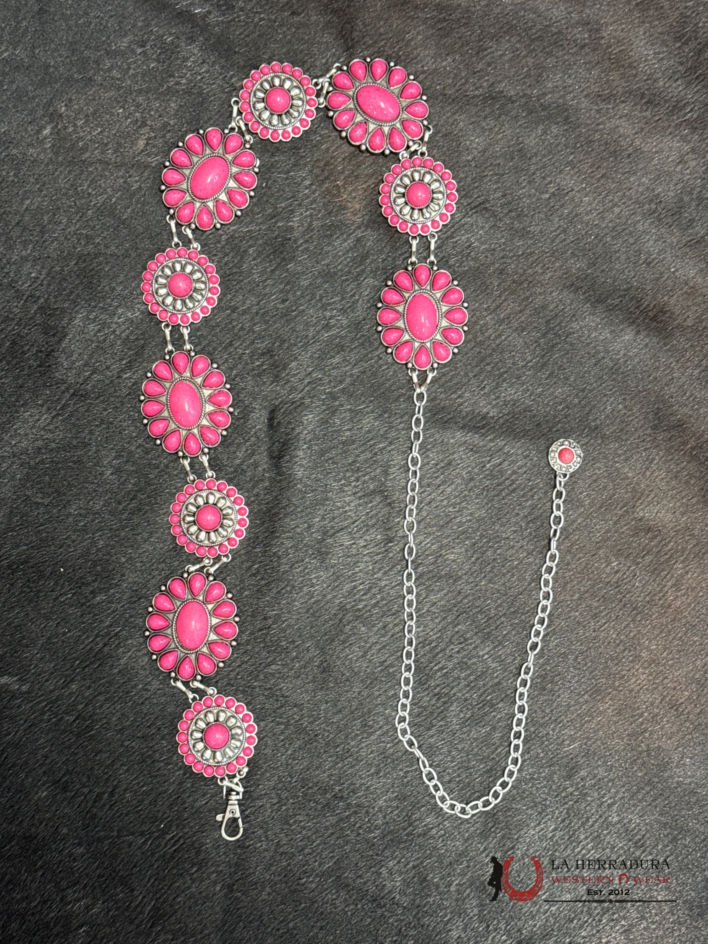 WOMENS PINK STONE CHAIN BELT WITH FLOWER DESIGN OSFM CINTURONES MUJERES