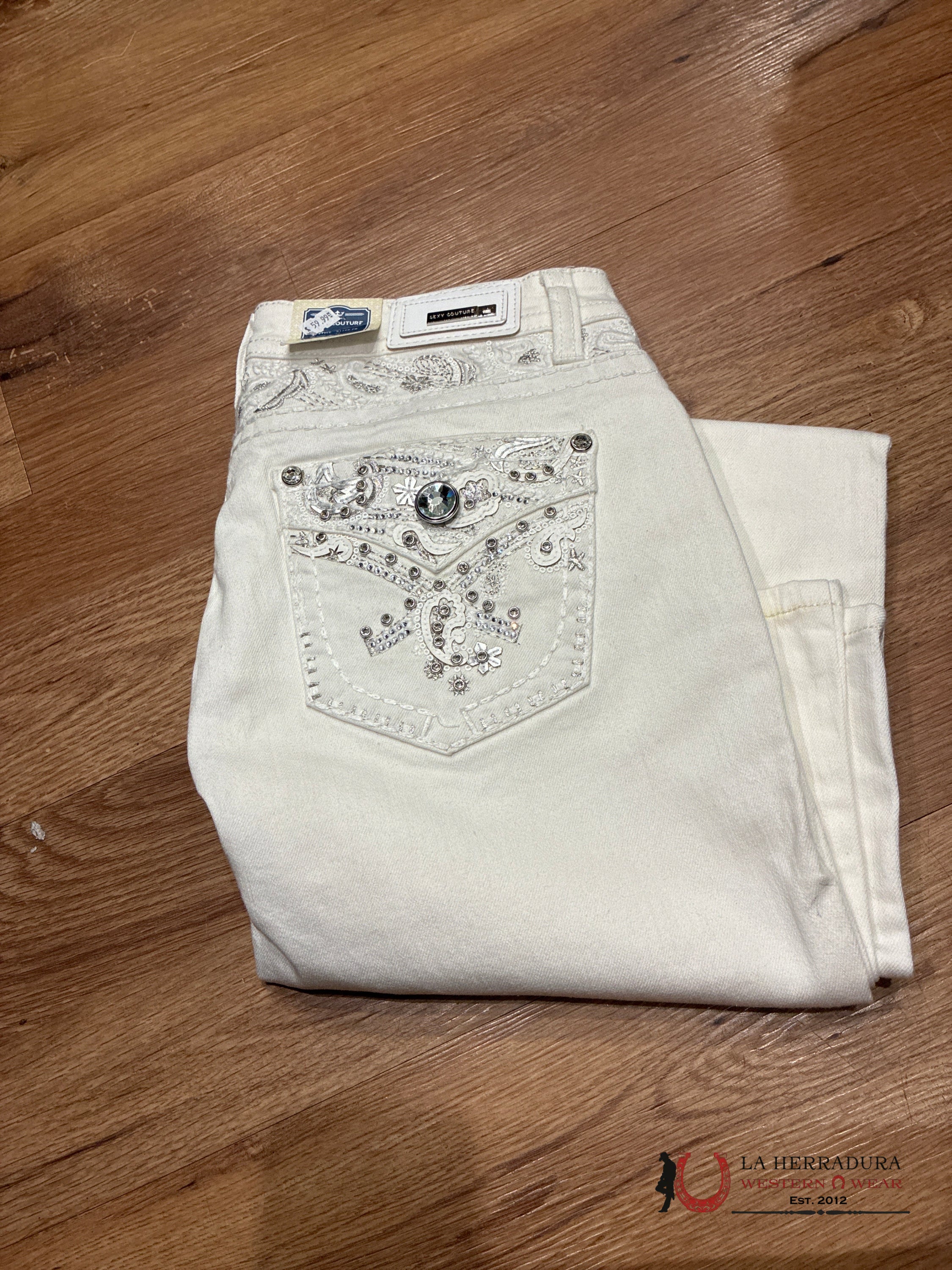 WOMENS SEXY COUTURE BOOTCUT FIT WHITE DESIGN WITH FLOWERS and BLING S1128-PB NIÑOS