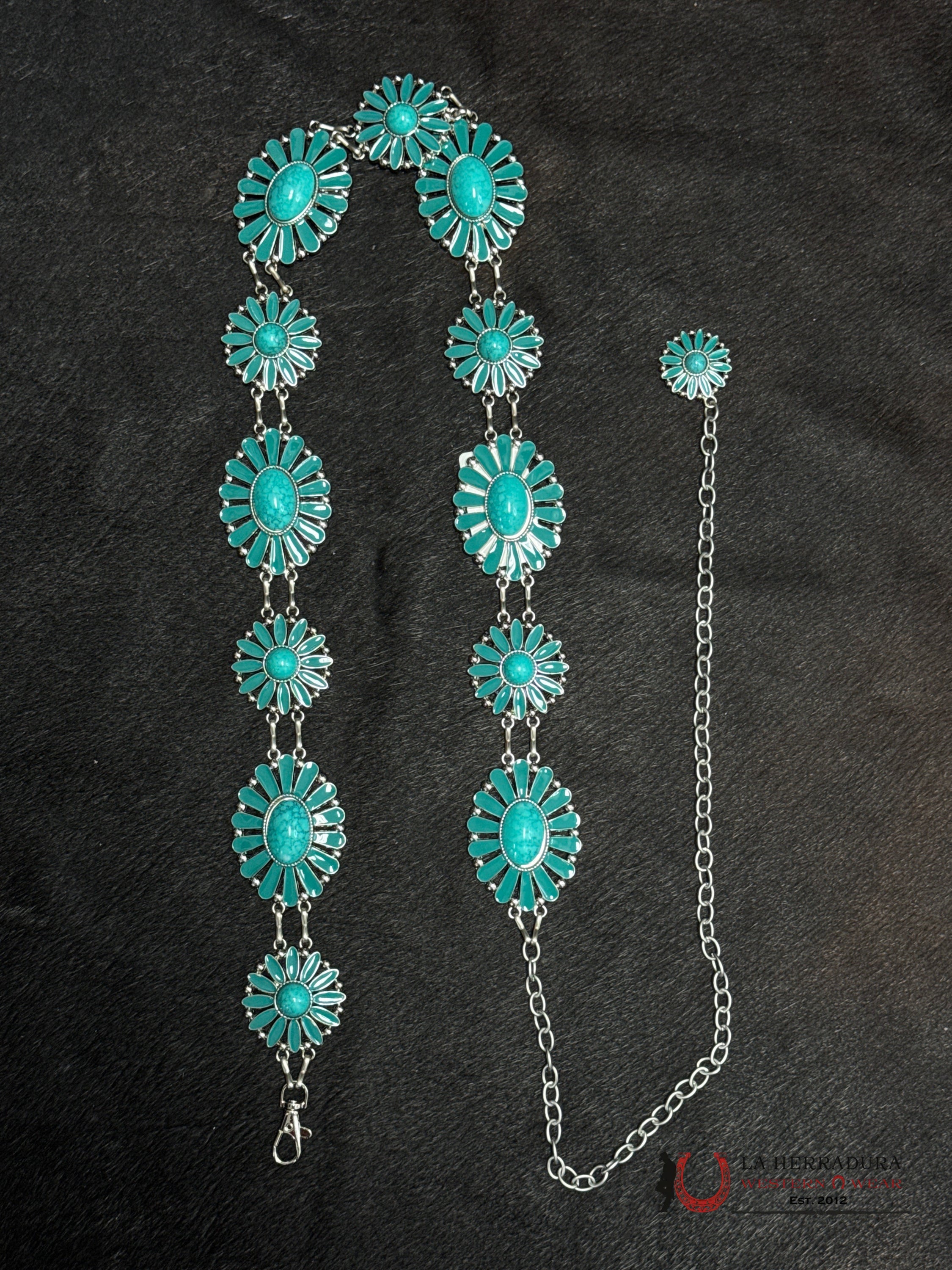 WOMENS TURQUOISE STONE CHAIN BELT WITH FLOWER DESIGN OSFM CINTURONES MUJERES