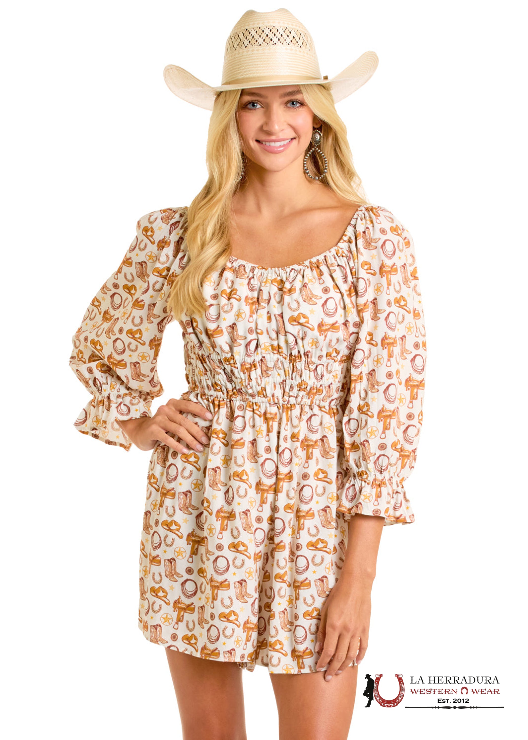 WOMEN’S WHITE WESTERN PRINT LONG SLEEVE DRESS- BWR2J06281 ROPA MUJERES