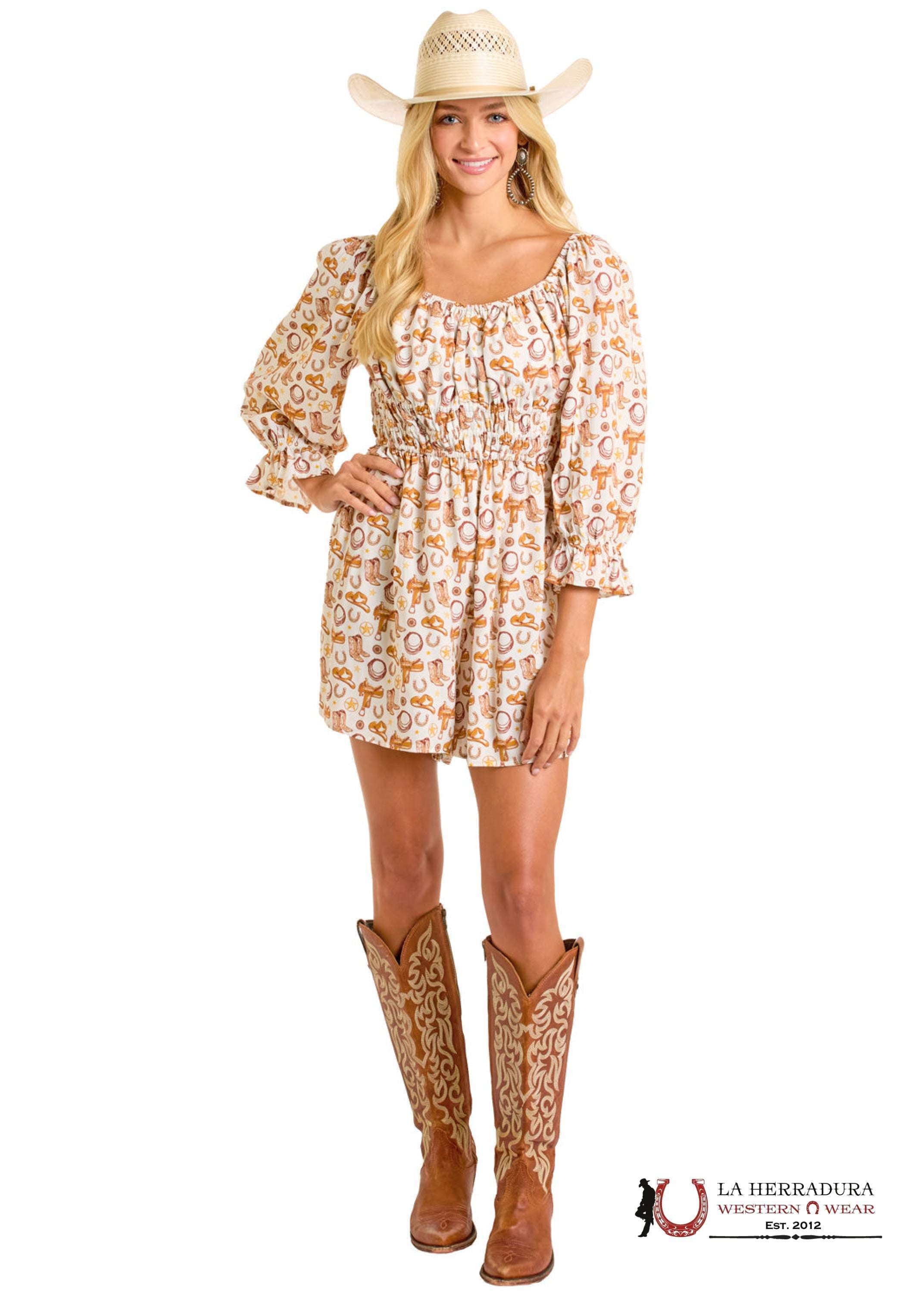 WOMEN’S WHITE WESTERN PRINT LONG SLEEVE DRESS- BWR2J06281 ROPA MUJERES