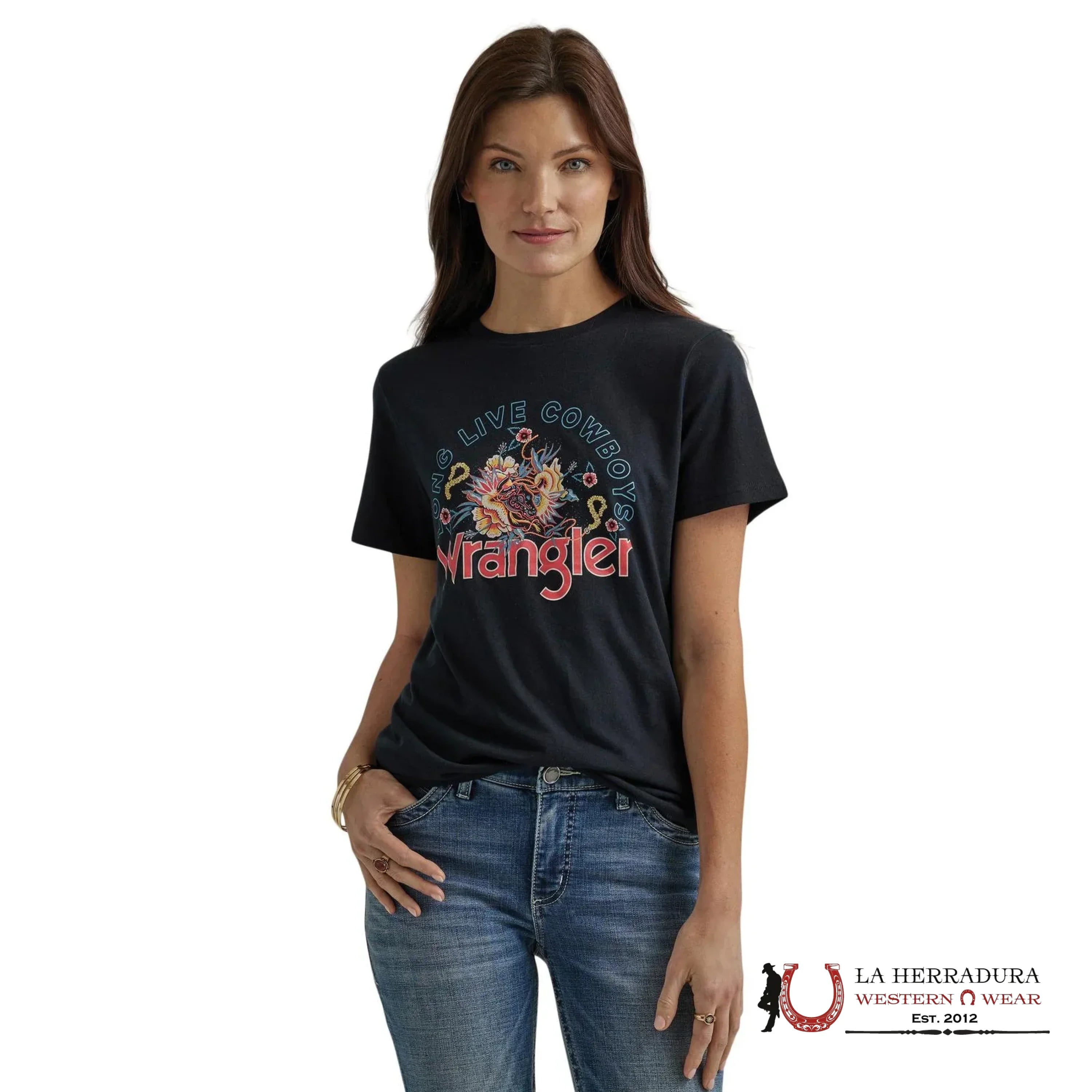 WOMEN’S WRANGLER RETRO T-SHIRT BLACK LONG LIVE COWBOYS FLOWERS 112344187 ROPA MUJERES