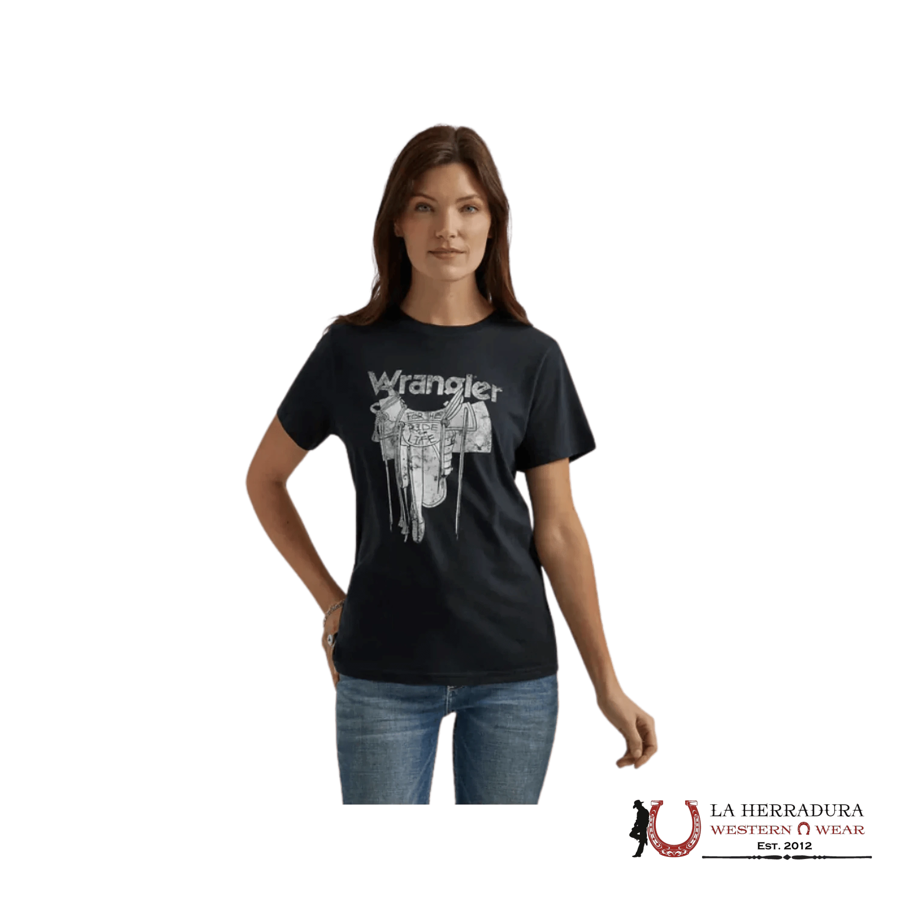 WOMEN’S WRANGLER RETRO T-SHIRT BLACK WHITE SADDLE FOR THE RIDE OR LIFE 112344186 ROPA MUJERES