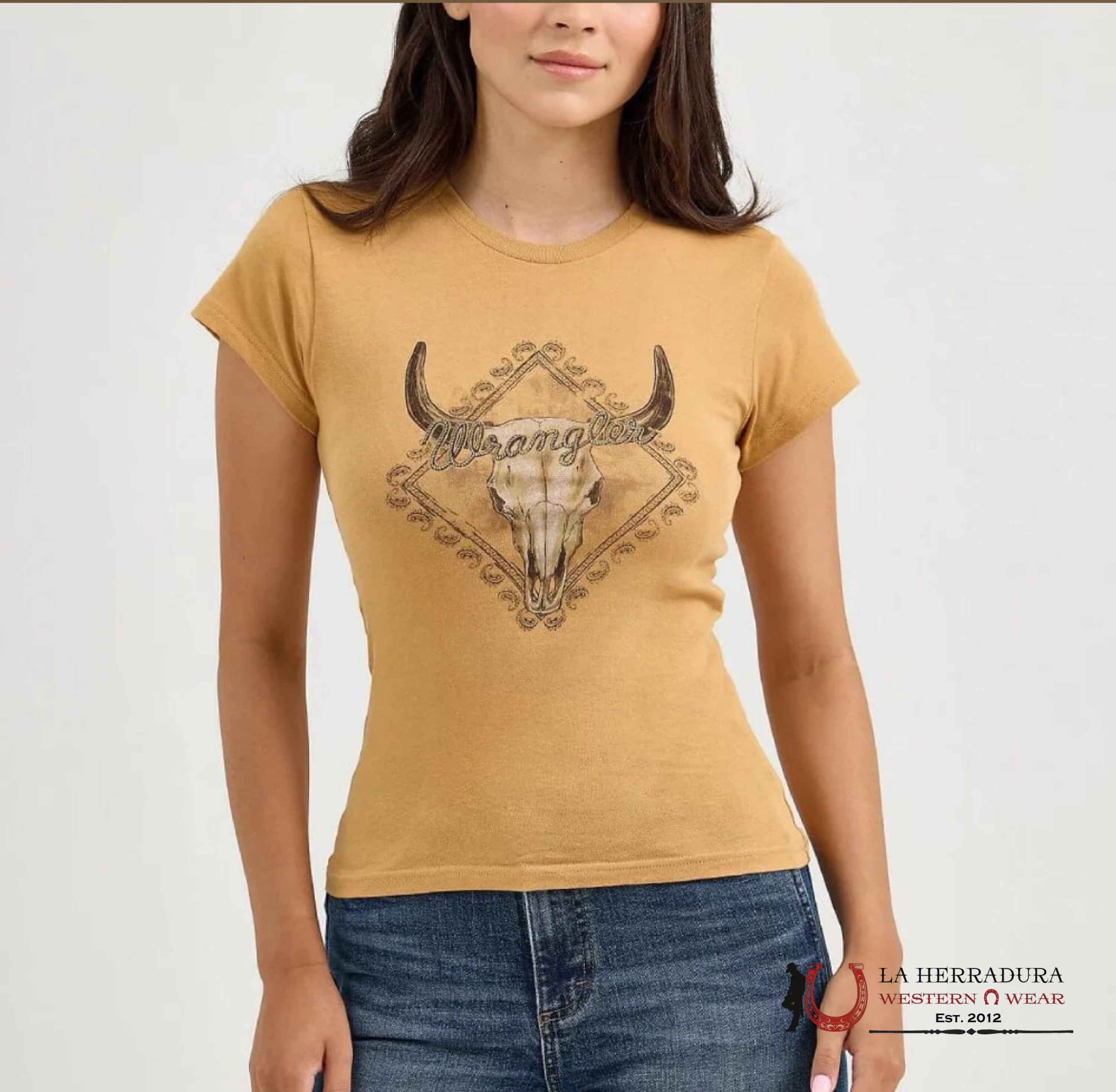 WOMEN’S WRANGLER RETRO T-SHIRT KAHKI DIMOND LONG HORN SKULL 112365794 ROPA MUJERES