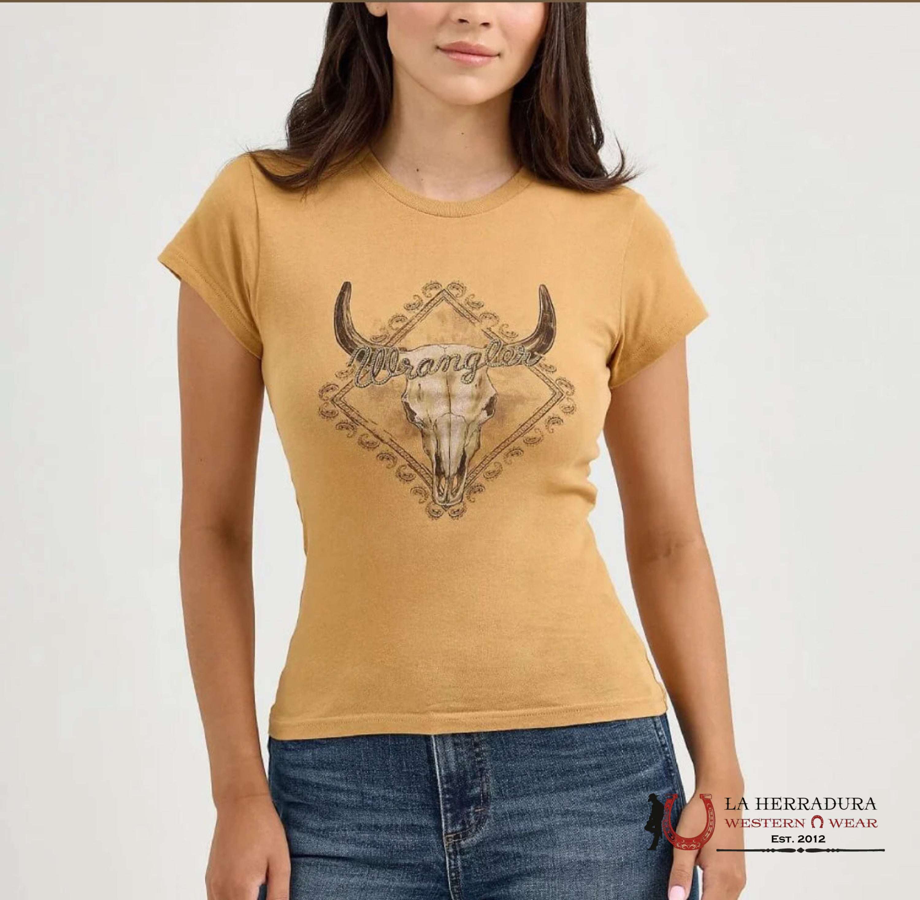 WOMEN’S WRANGLER RETRO T-SHIRT KAHKI DIMOND LONG HORN SKULL 112365794 ROPA MUJERES