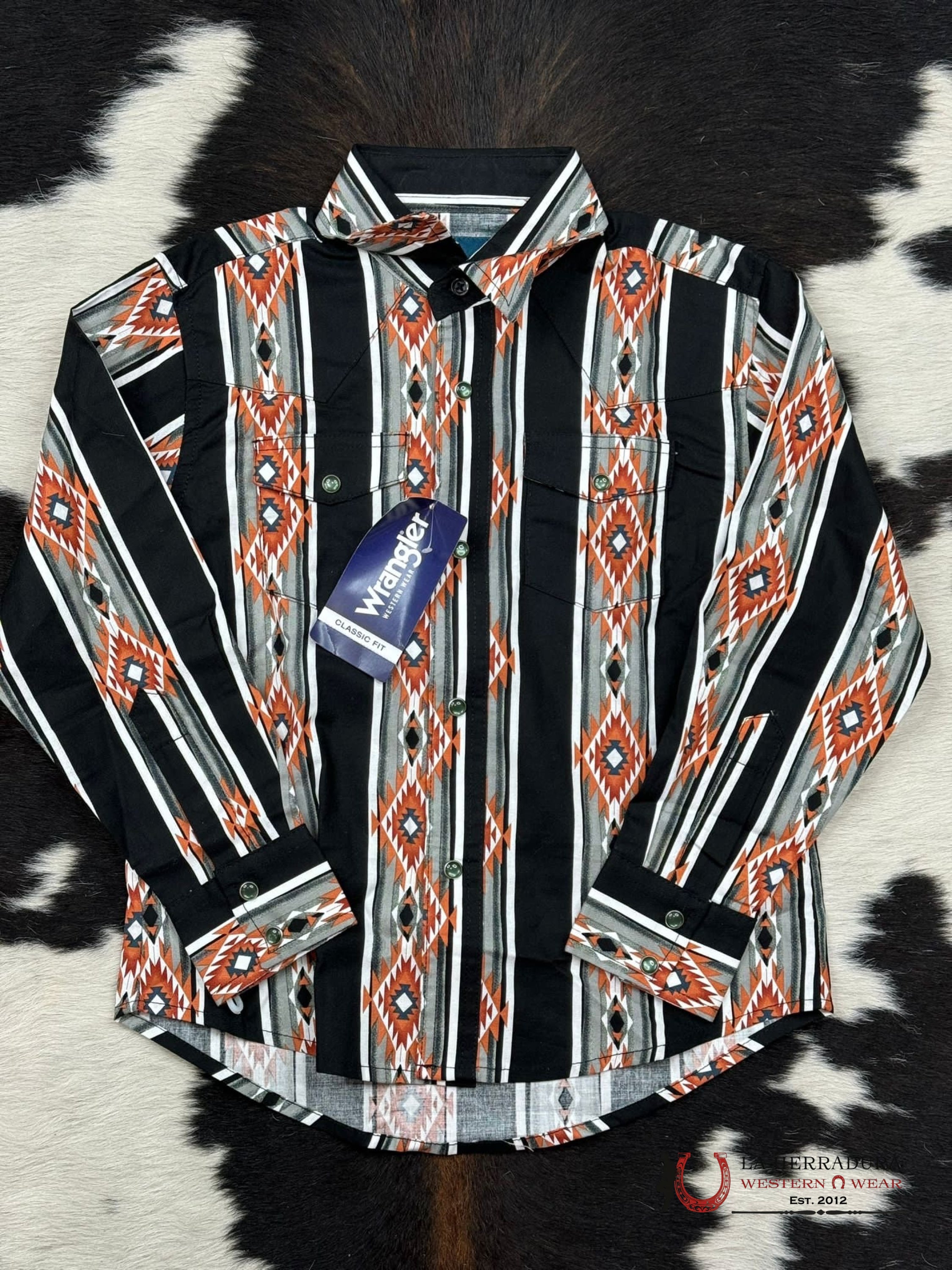 Wrangler Black Orange Aztec Long Sleeve Snap Niños