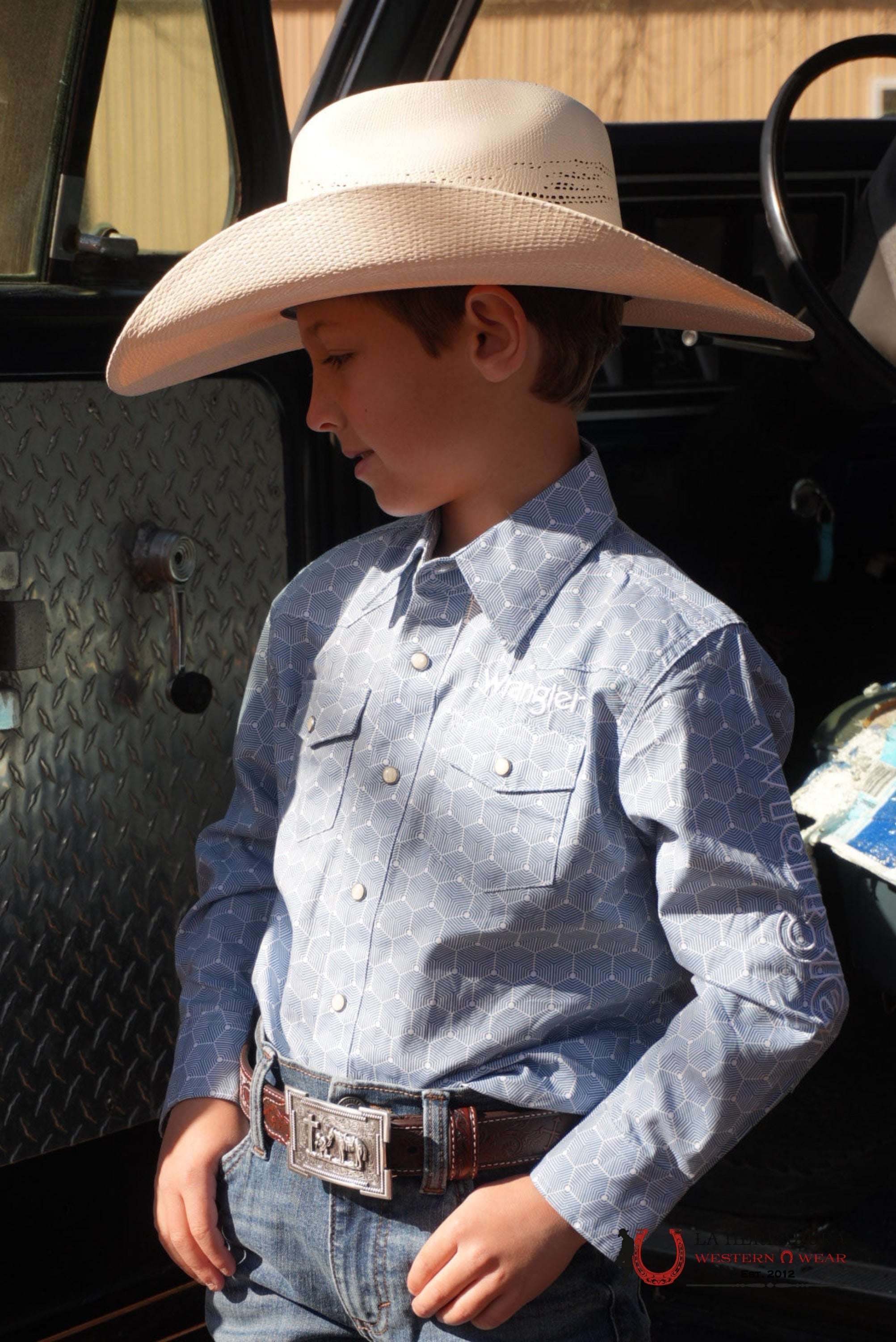 WRANGLER BLUE HEXAGON WITH WHITE LONG SLEEVE SHIRT 112359471 NIÑOS