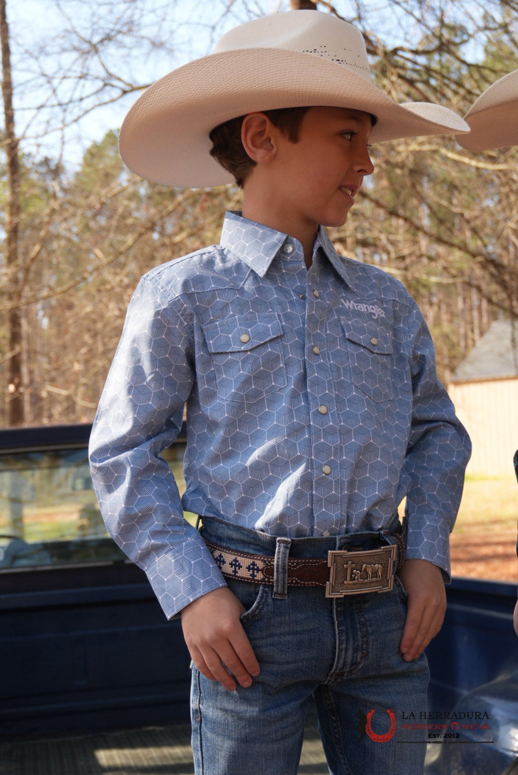 WRANGLER BLUE HEXAGON WITH WHITE LONG SLEEVE SHIRT 112359471 NIÑOS