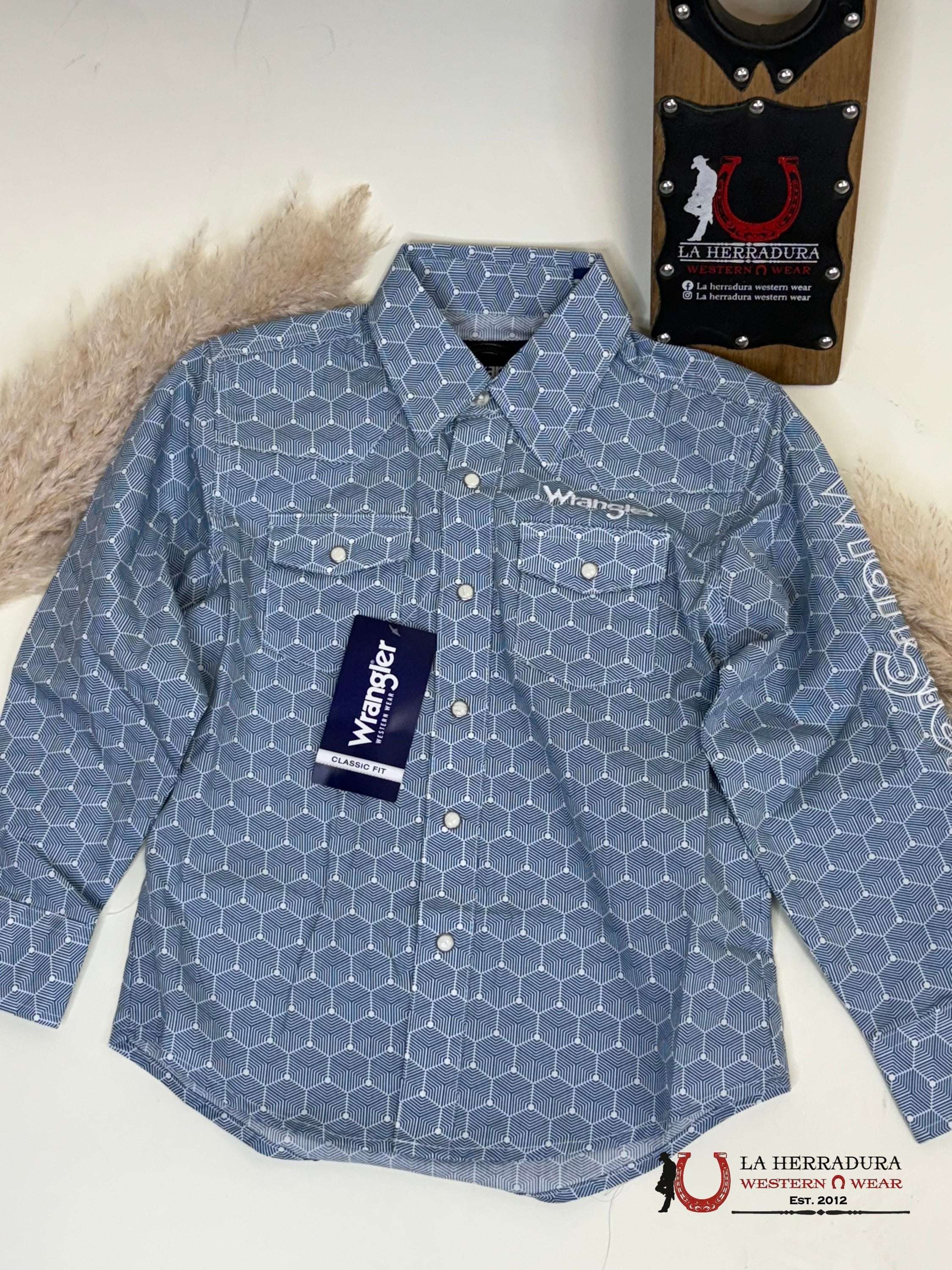 WRANGLER BLUE HEXAGON WITH WHITE LONG SLEEVE SHIRT 112359471 NIÑOS