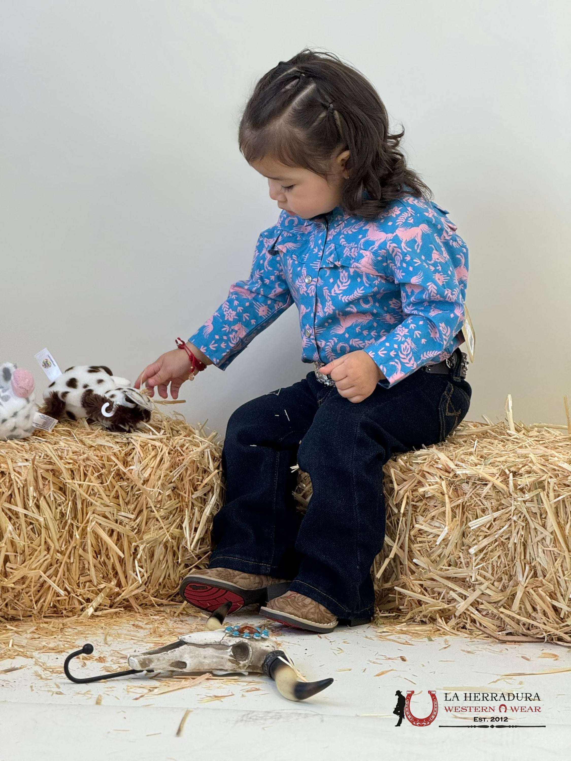 Wrangler Blue Pink Horses Long Sleeve Button Up Shirt Niños