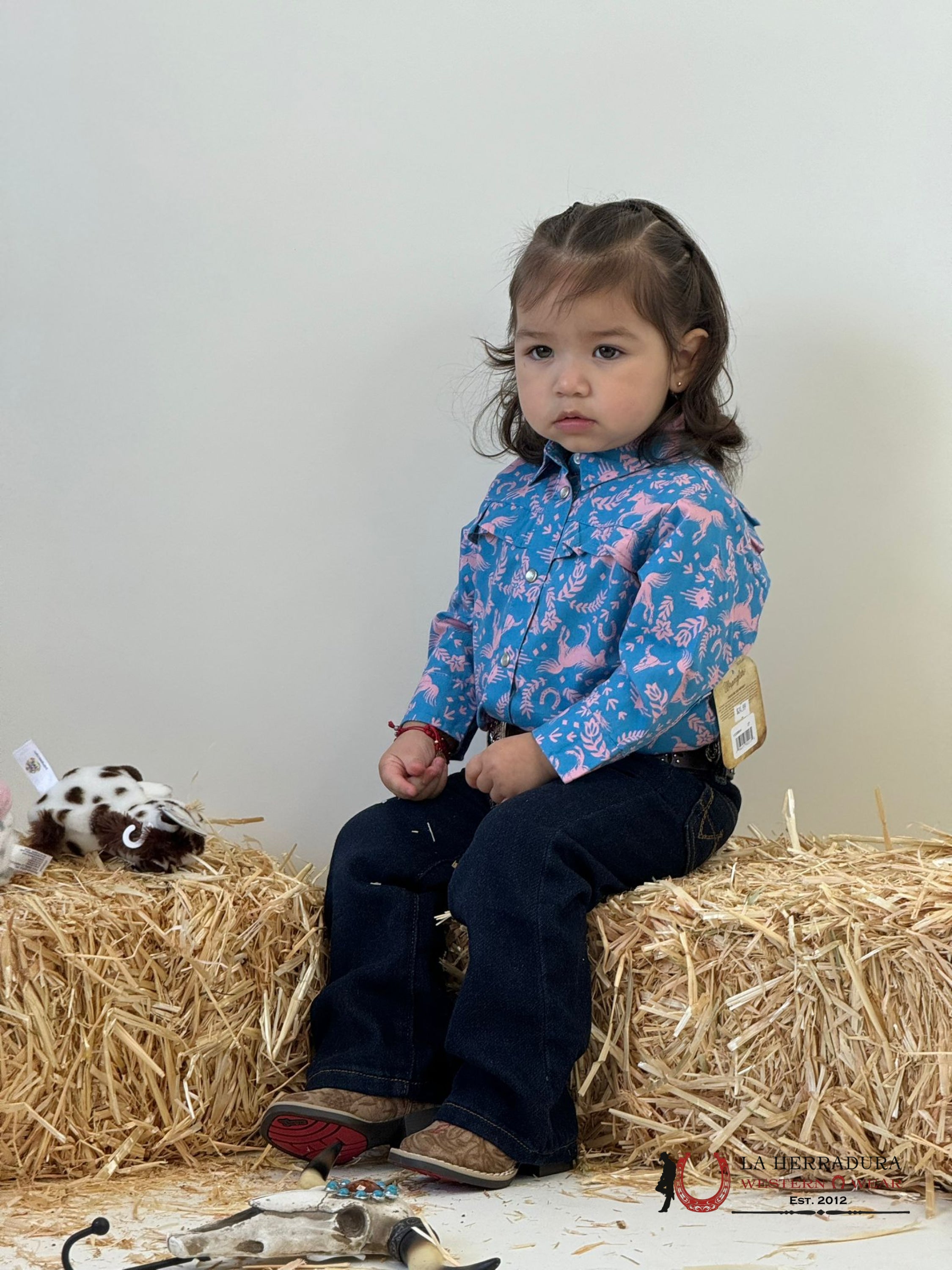 Wrangler Blue Pink Horses Long Sleeve Button Up Shirt Niños