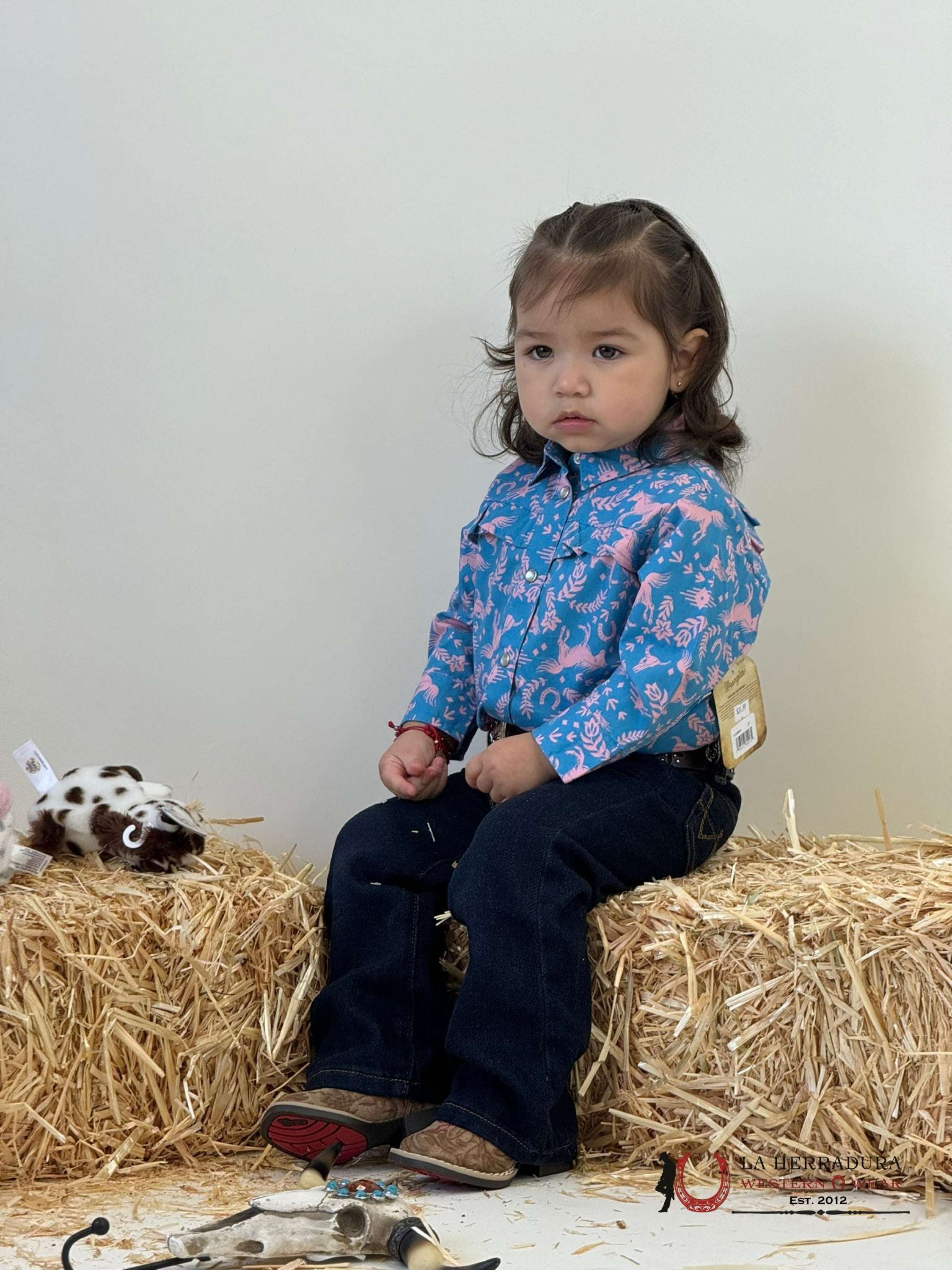 Wrangler Blue Pink Horses Long Sleeve Button Up Shirt Niños