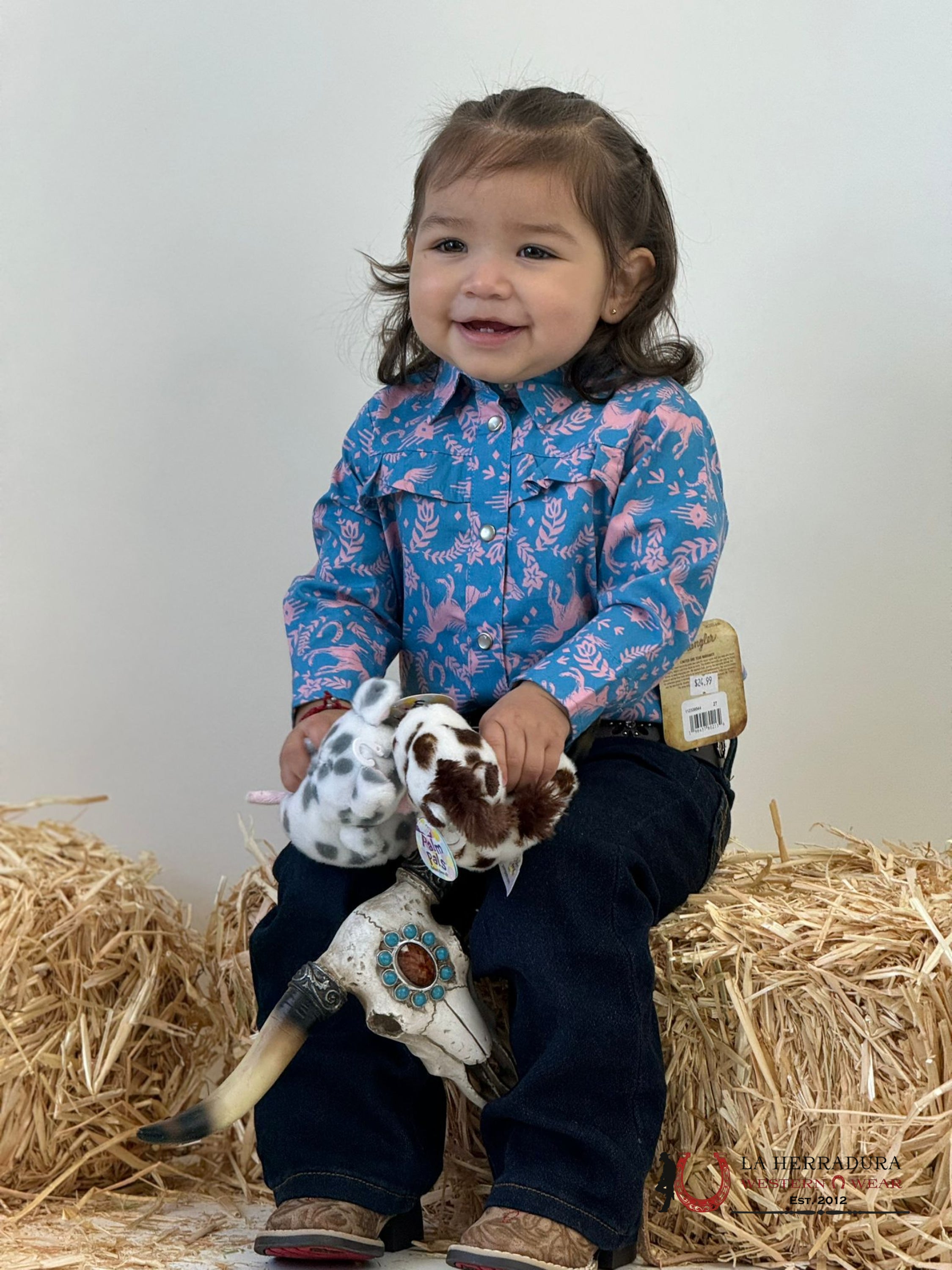 Wrangler Blue Pink Horses Long Sleeve Button Up Shirt Niños