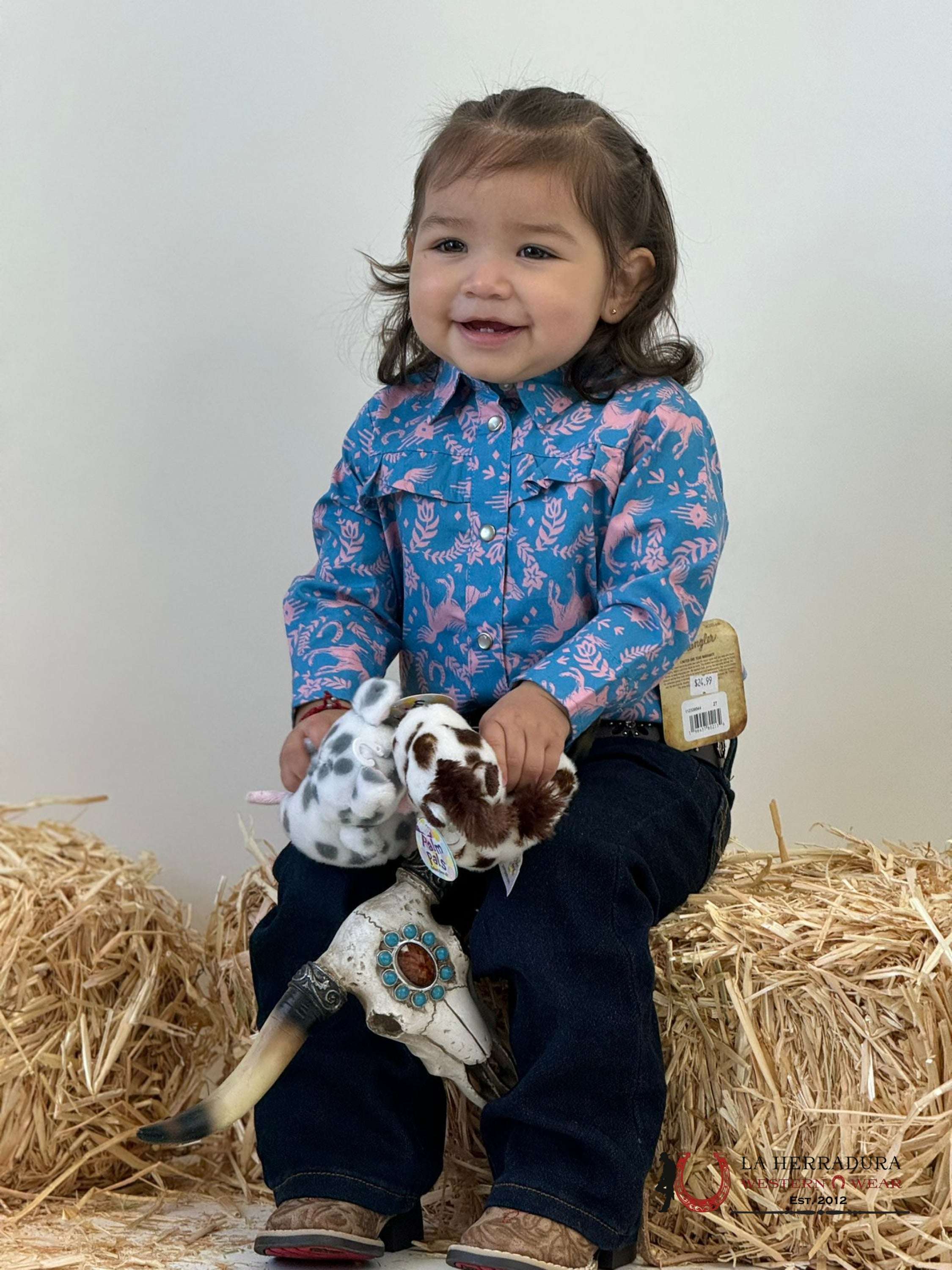 Wrangler Blue Pink Horses Long Sleeve Button Up Shirt Niños
