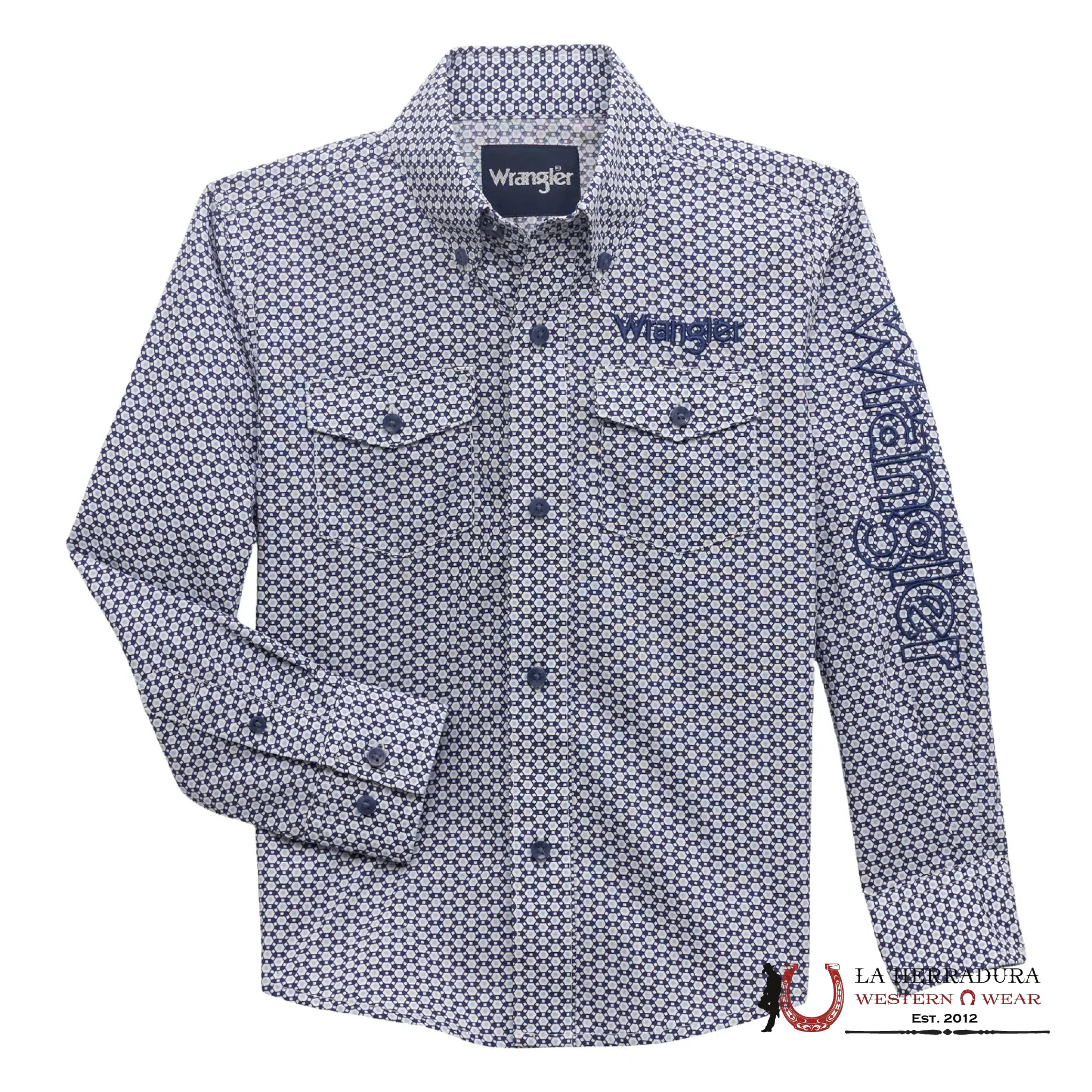 Wrangler Boy Blue Geometric Button Down Western Shirt 112356519 NIÑOS