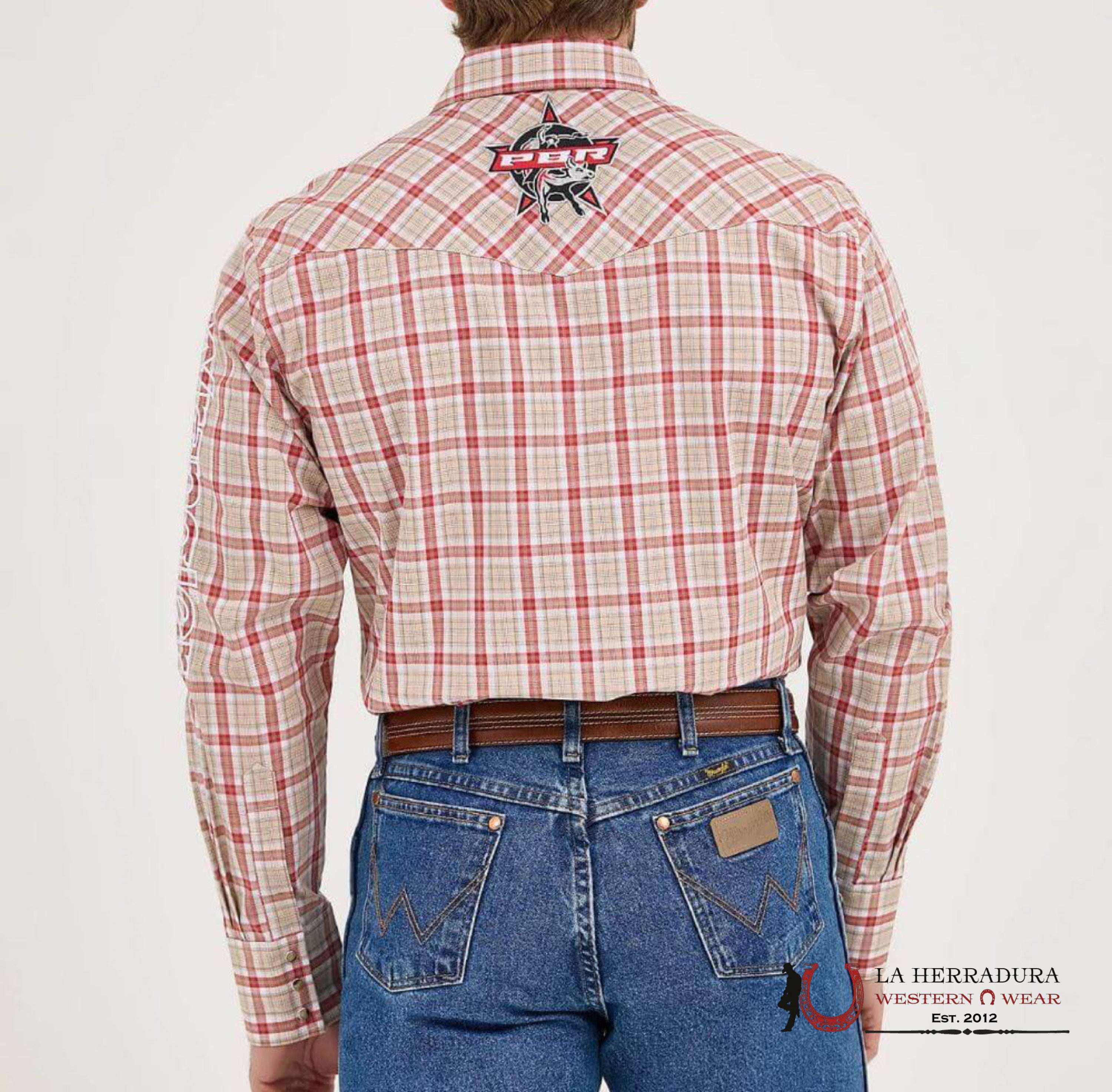 WRANGLER BROWN/RED PBR LONG SLEEVE SHIRT 5769 ROPA HOMBRES