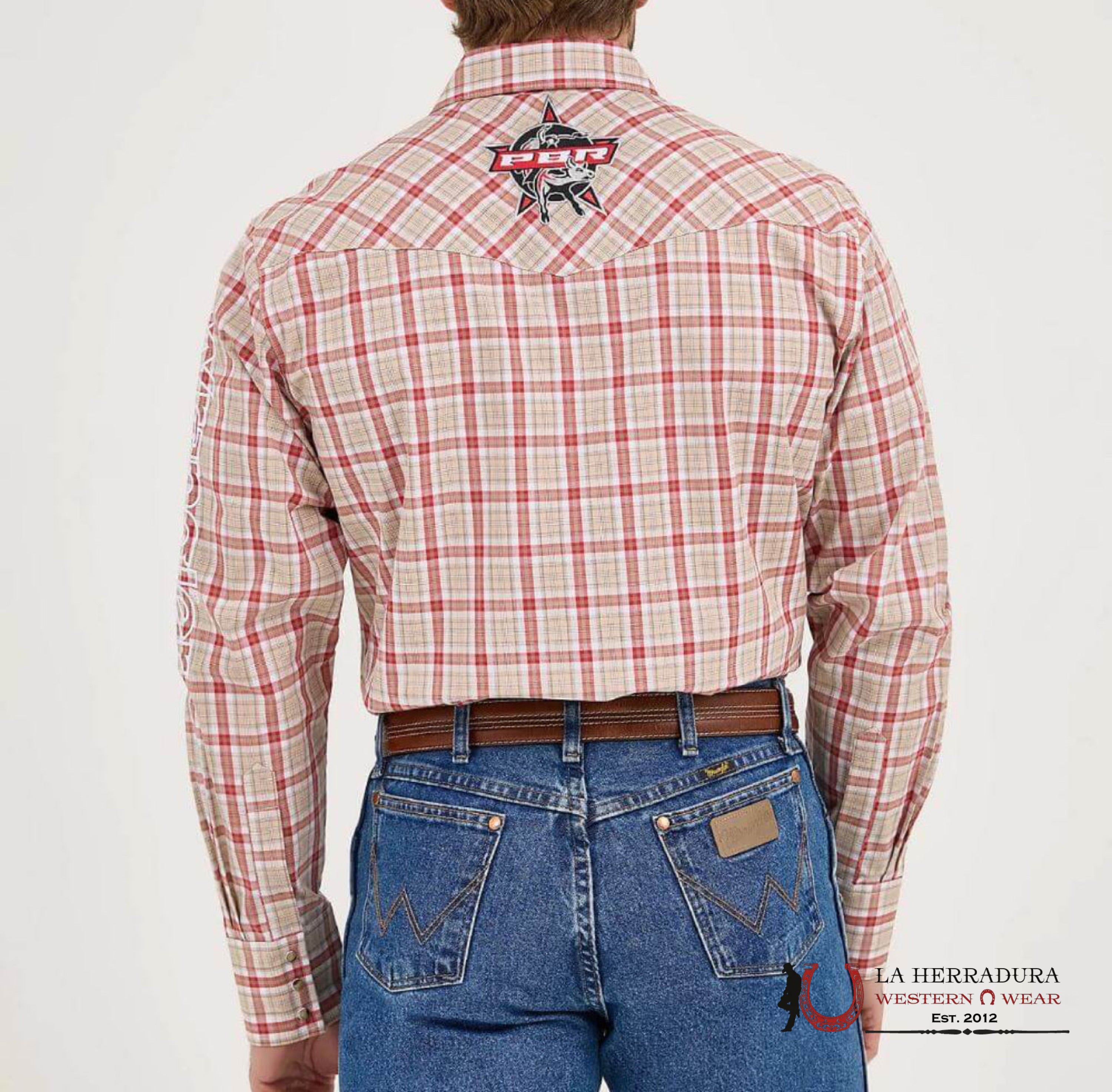 WRANGLER BROWN/RED PBR LONG SLEEVE SHIRT 5769 ROPA HOMBRES