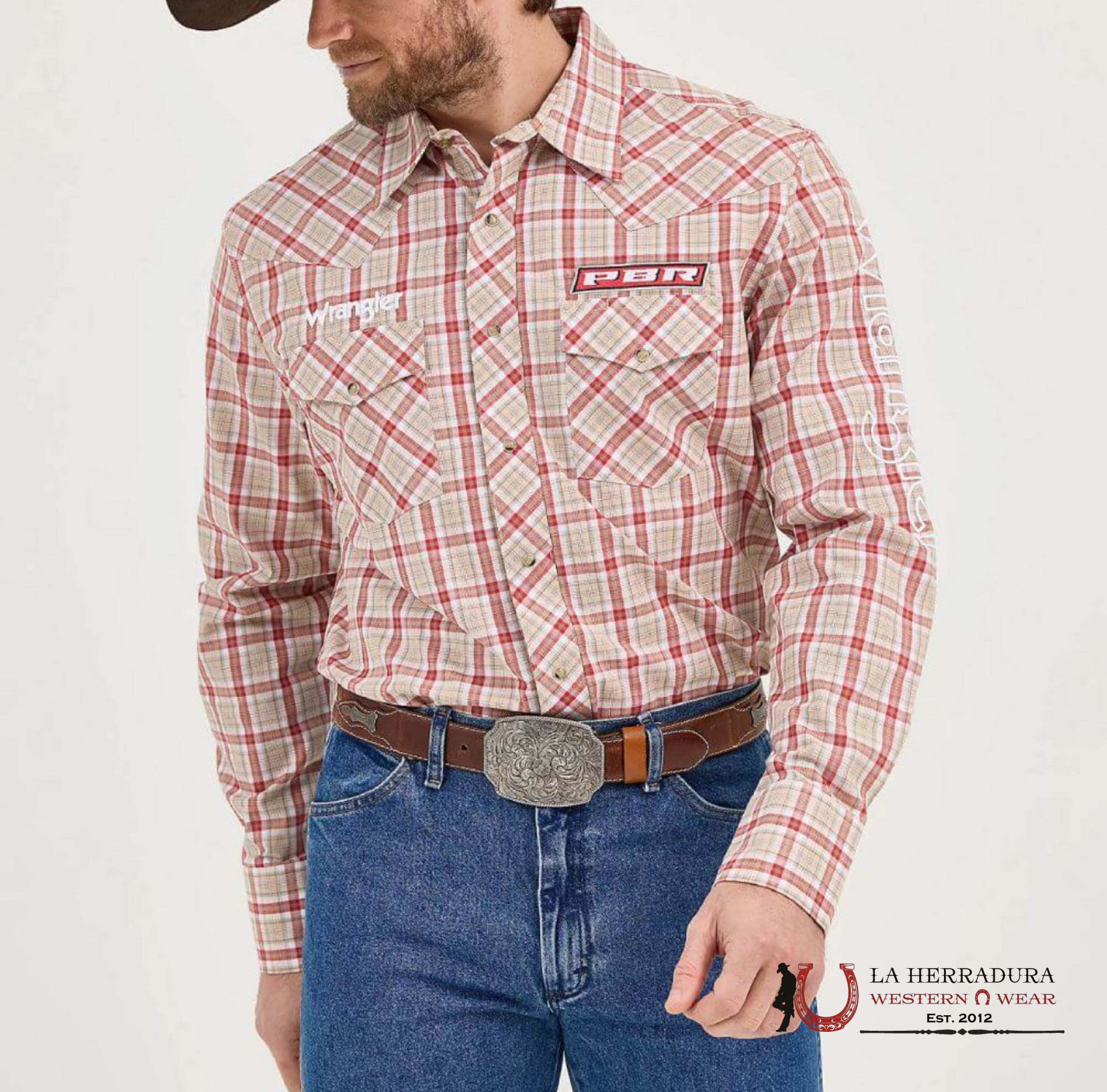 WRANGLER BROWN/RED PBR LONG SLEEVE SHIRT 5769 ROPA HOMBRES