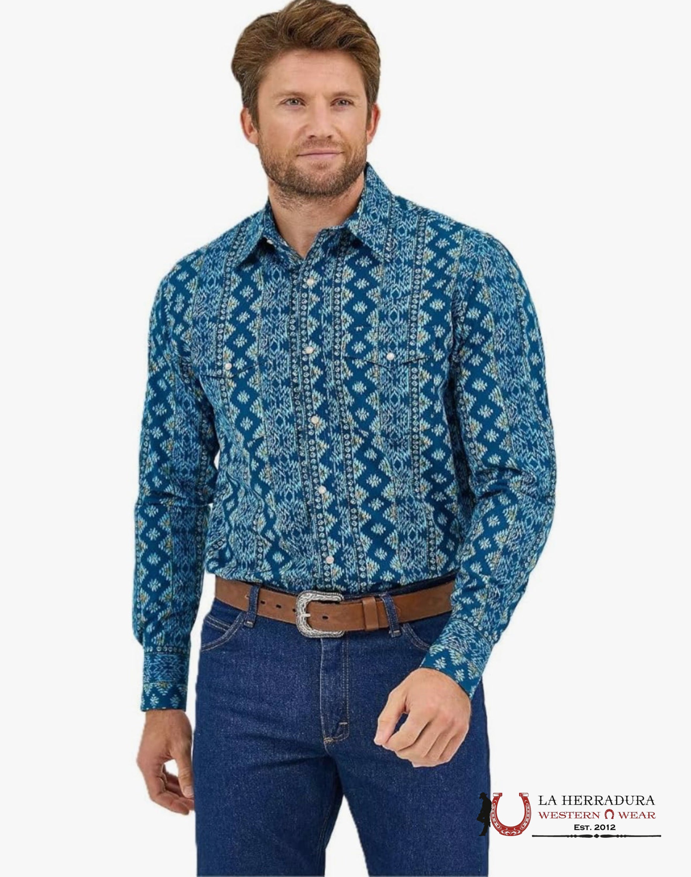 Wrangler Classic Fit Checotah Deep Lake Western Snap Ropa Hombres