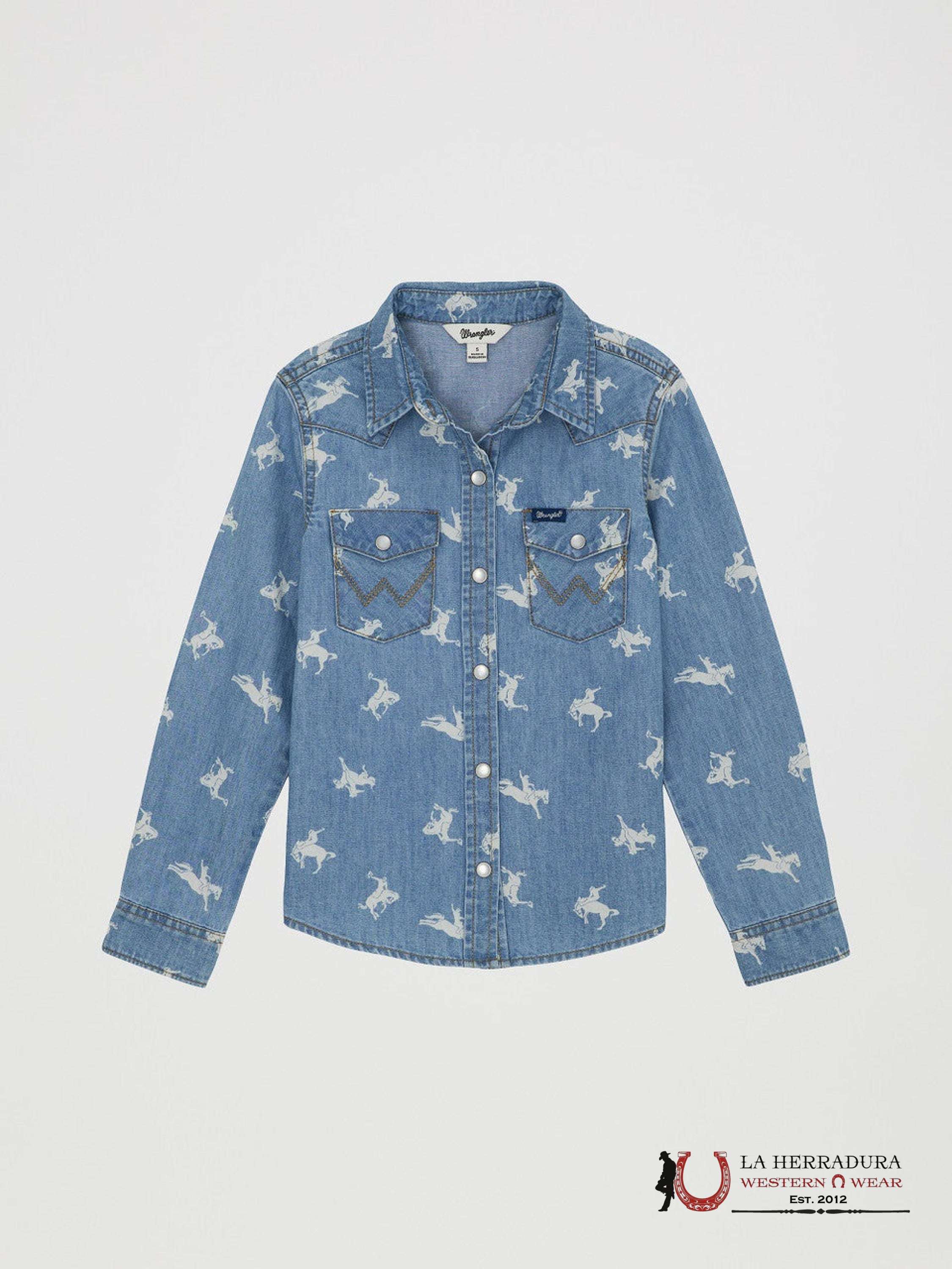 Wrangler Girls Horse Print Denim Button Up 112359421