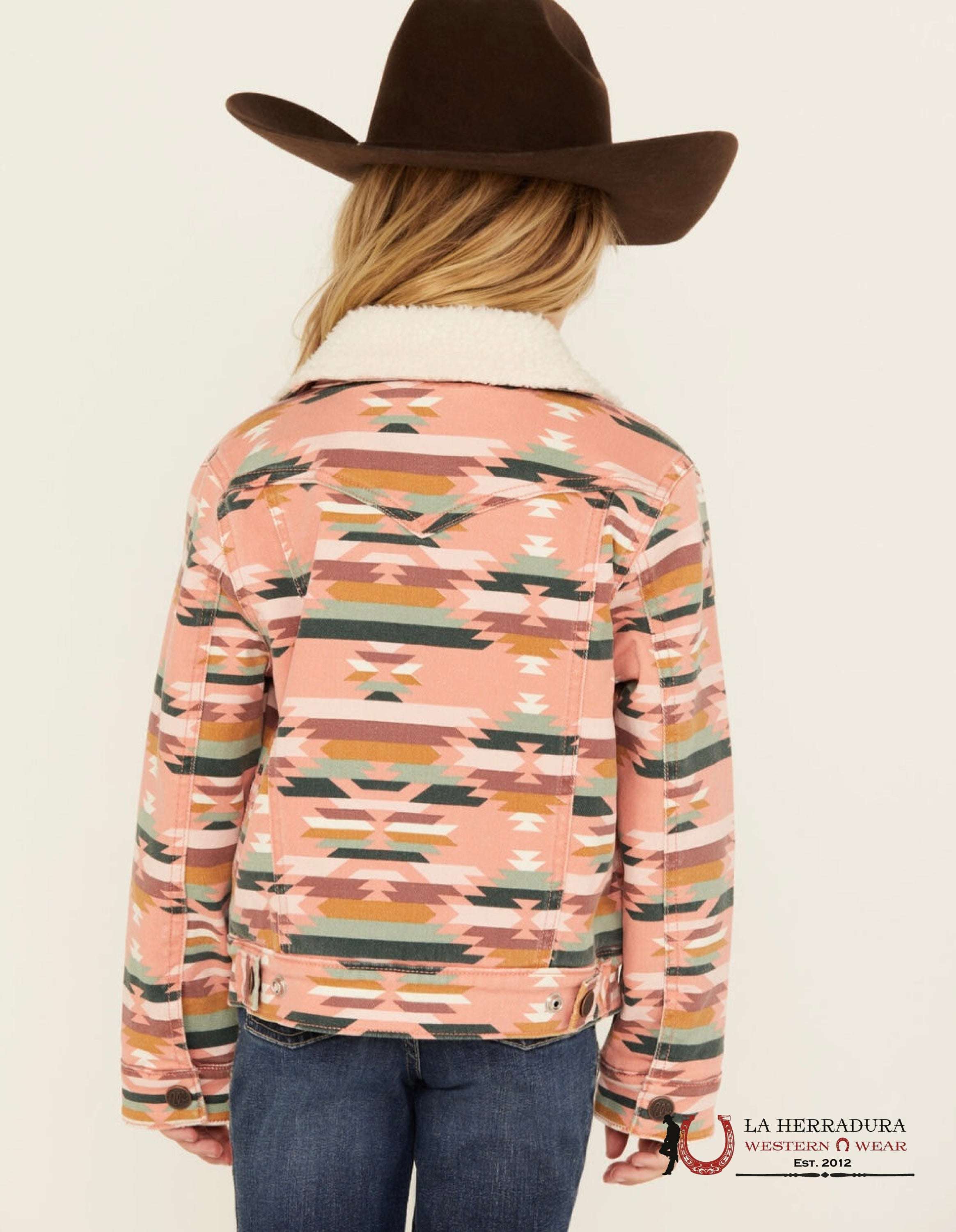 Wrangler Girl’s Southwestern Print Sherpa Denim Jacket In Pink Niñas