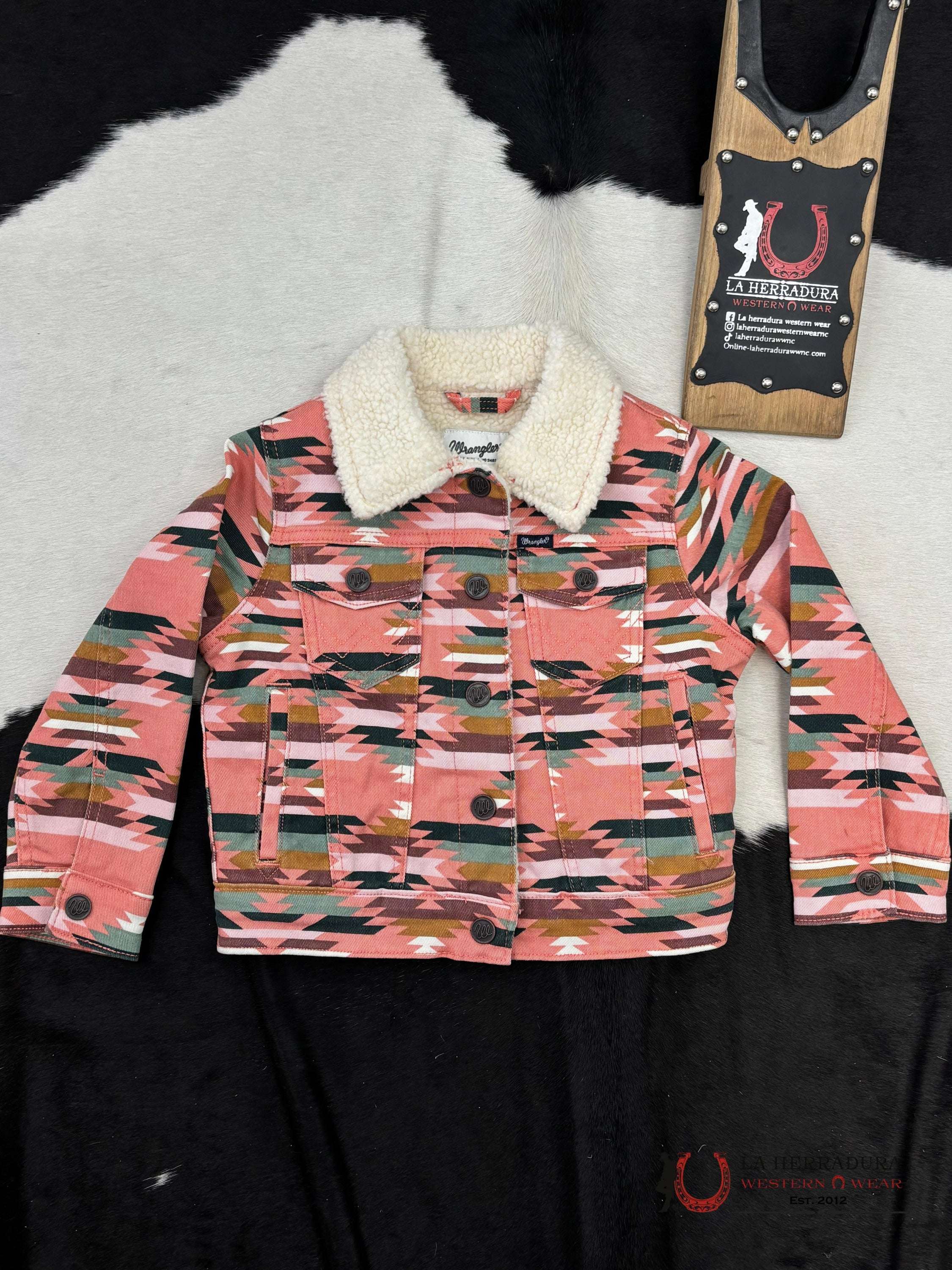 Wrangler Girl’s Southwestern Print Sherpa Denim Jacket In Pink Niñas