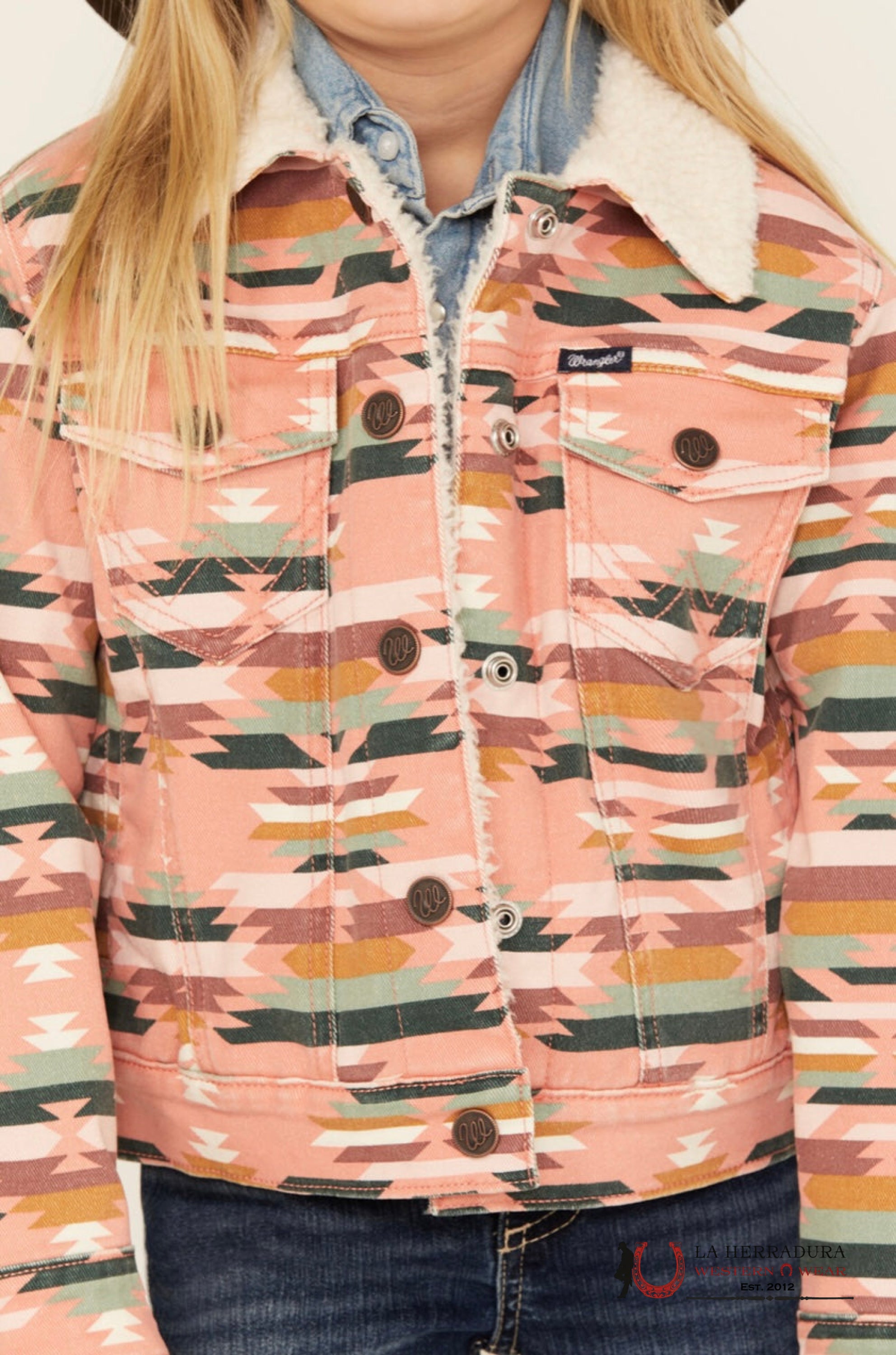 Wrangler Girl’s Southwestern Print Sherpa Denim Jacket In Pink Niñas