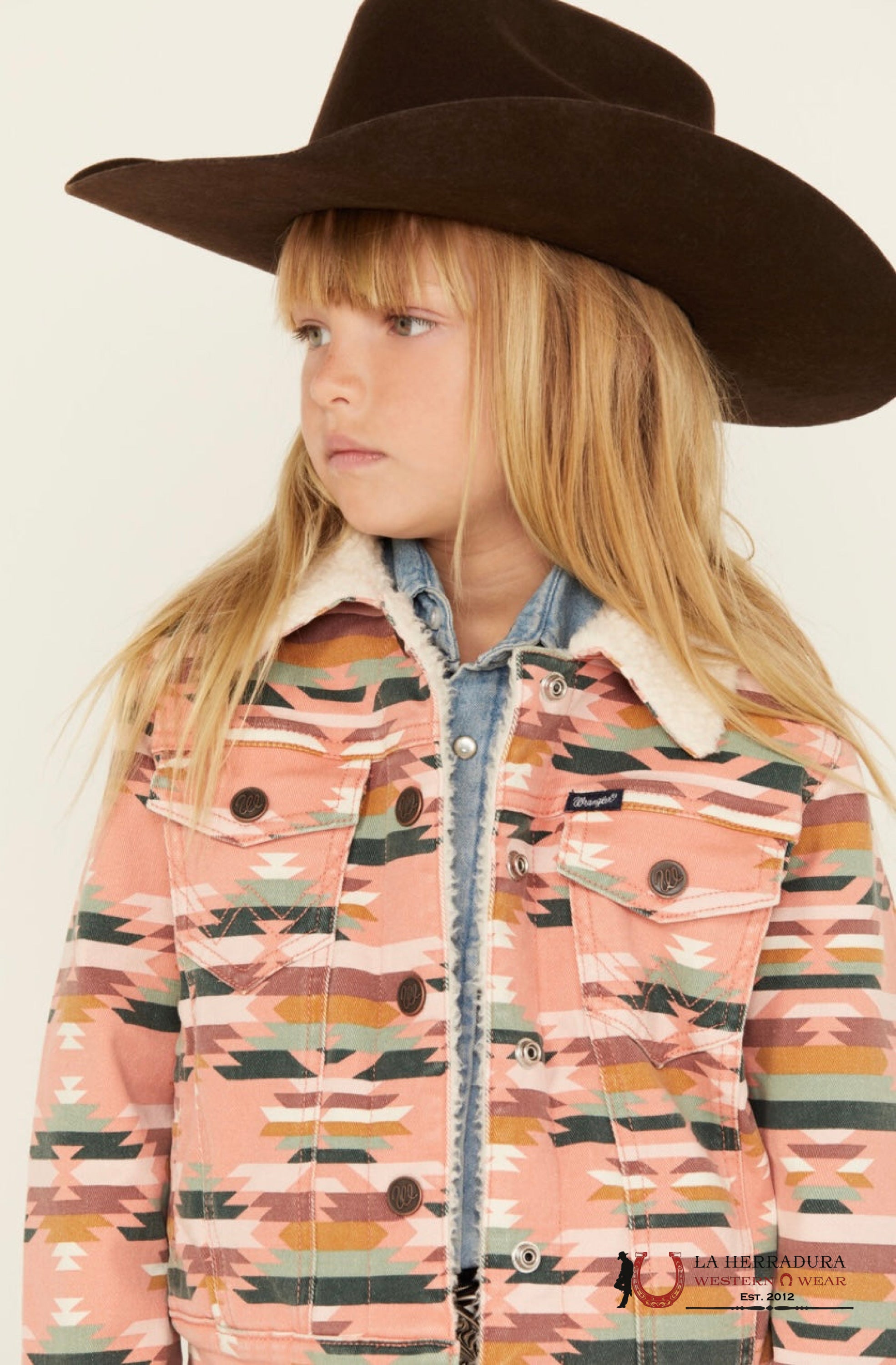 Wrangler Girl’s Southwestern Print Sherpa Denim Jacket In Pink Niñas