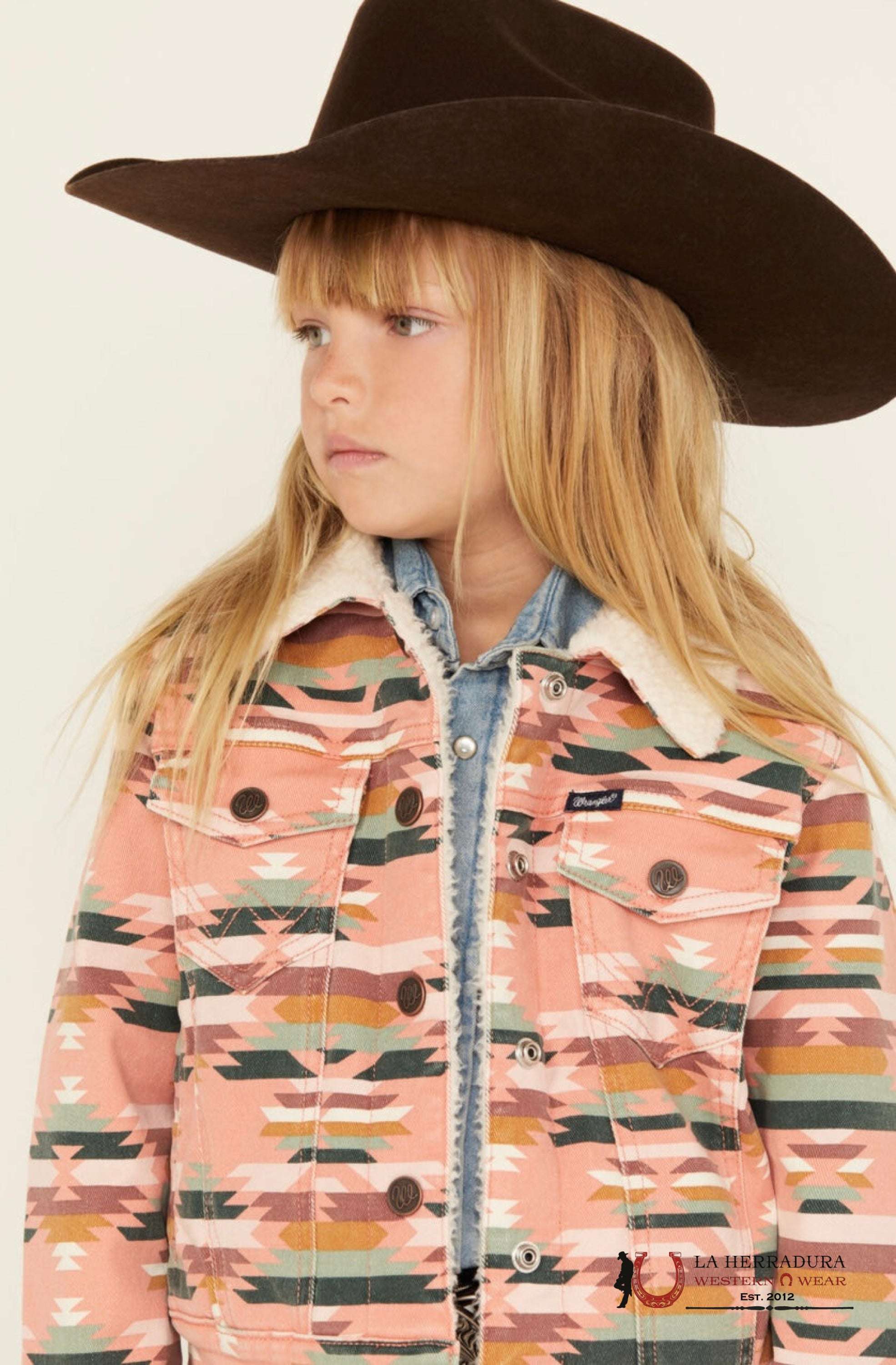 Wrangler Girl’s Southwestern Print Sherpa Denim Jacket In Pink Niñas