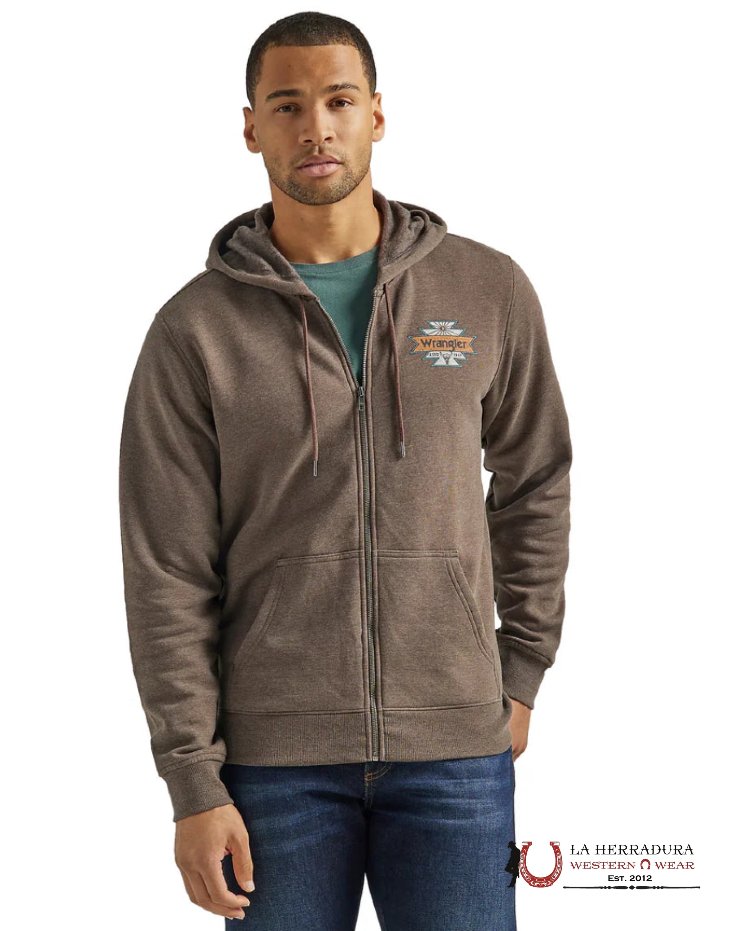 Wrangler Men’s Back Graphic Logo Zip Up- Brown Ropa Hombres