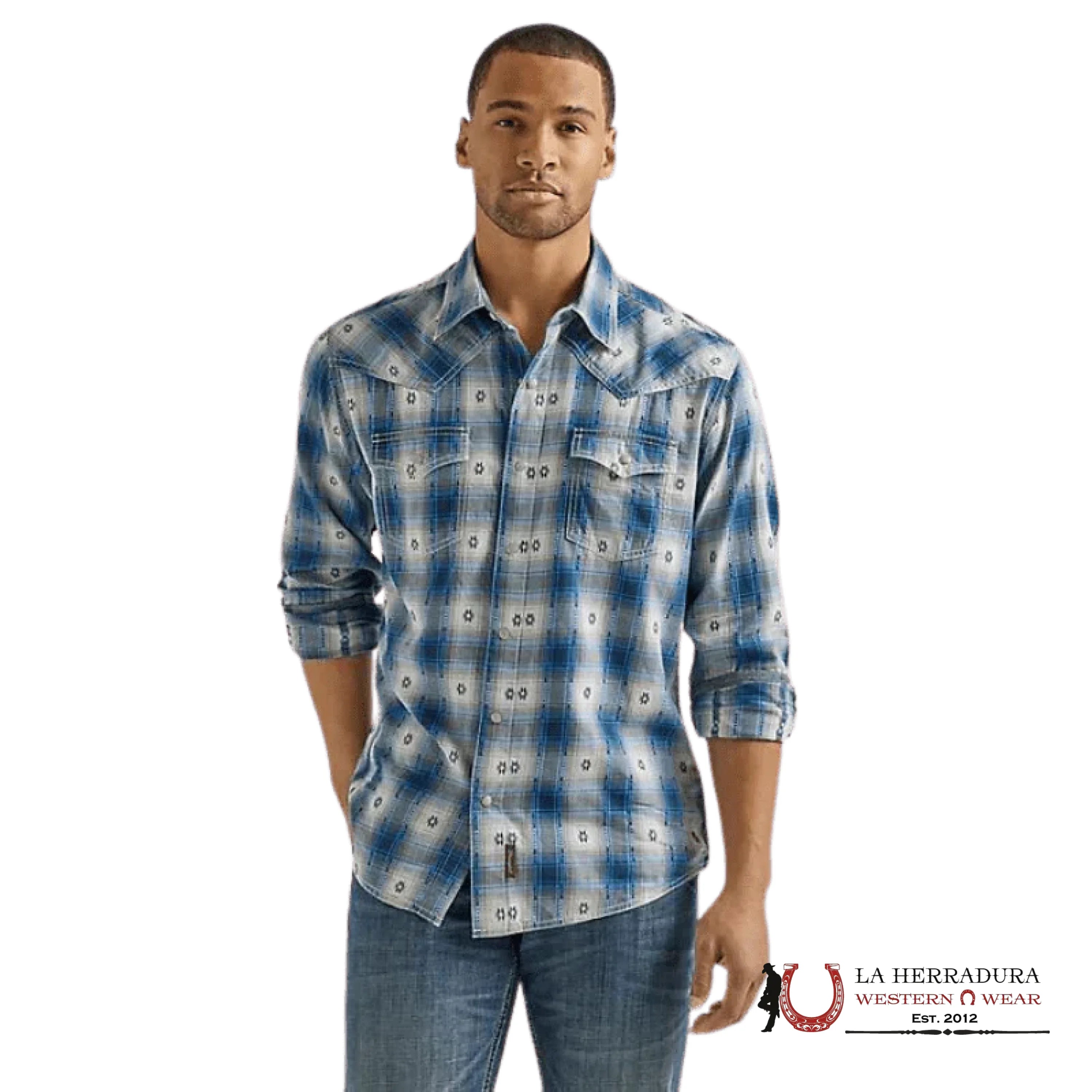Wrangler Men’s Retro Blue Geo Overprint Long Sleeve Western Snap Shirt 112338151 Ropa Hombres