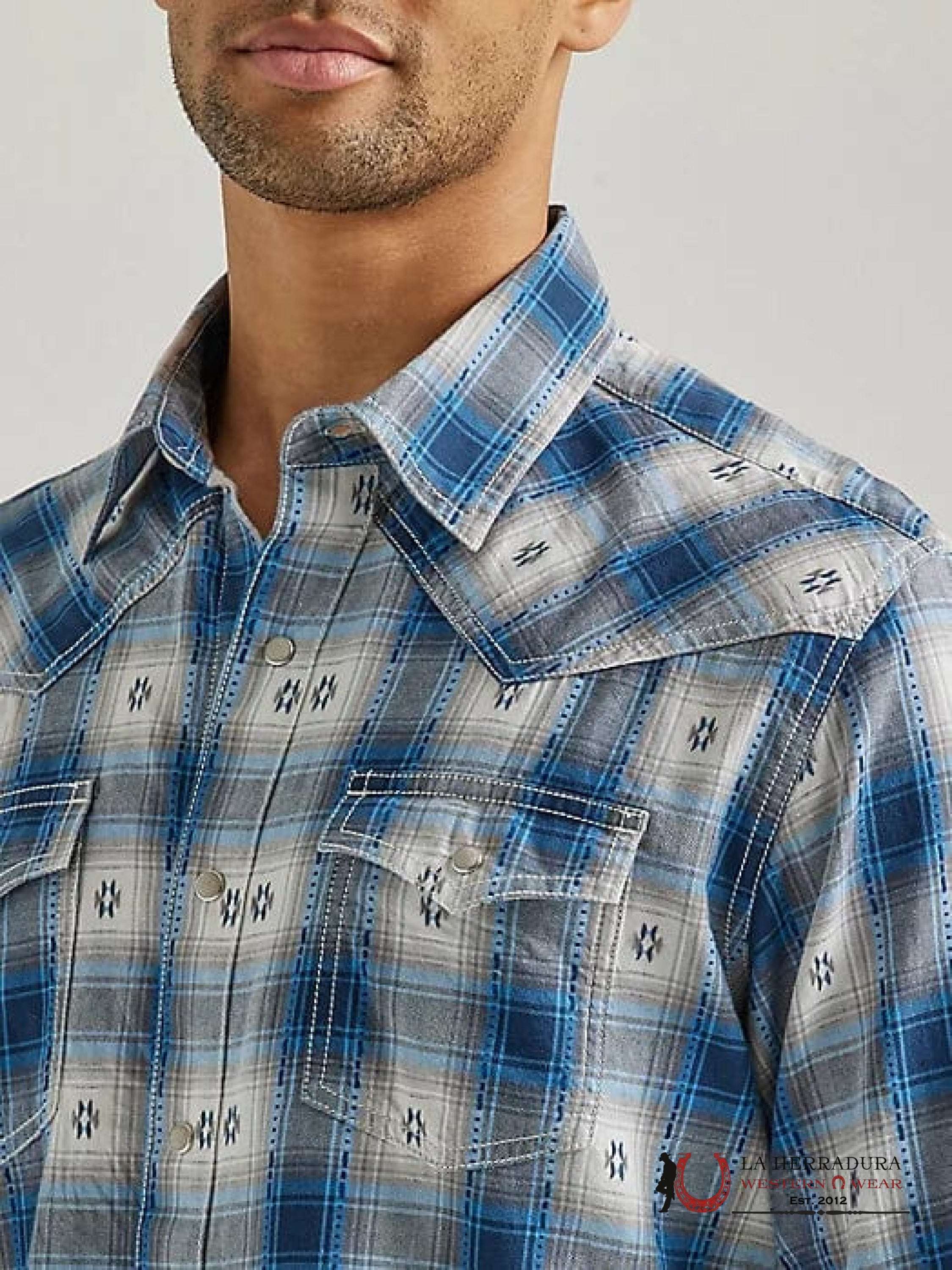 Wrangler Men’s Retro Blue Geo Overprint Long Sleeve Western Snap Shirt 112338151 Ropa Hombres