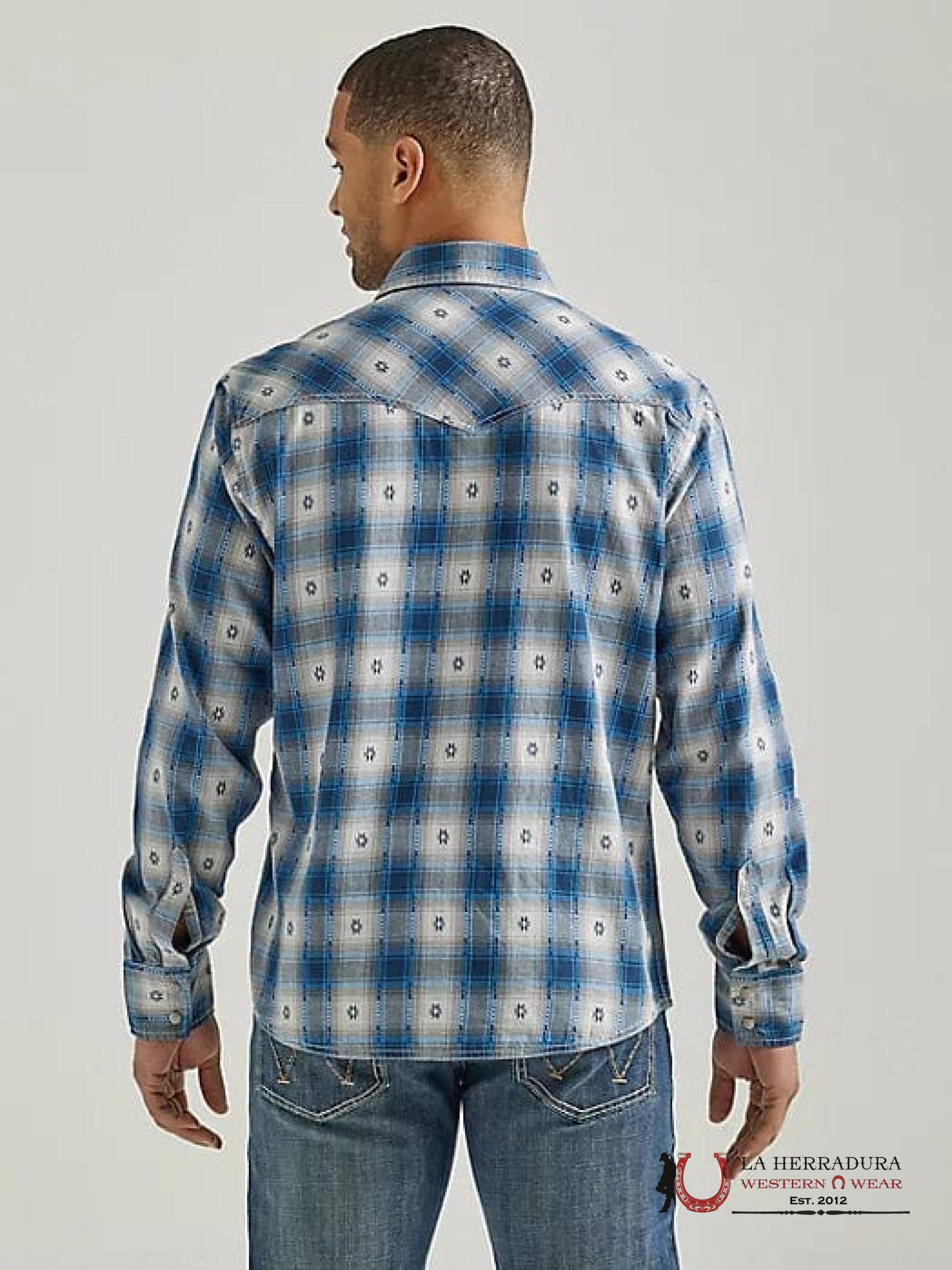 Wrangler Men’s Retro Blue Geo Overprint Long Sleeve Western Snap Shirt 112338151 Ropa Hombres