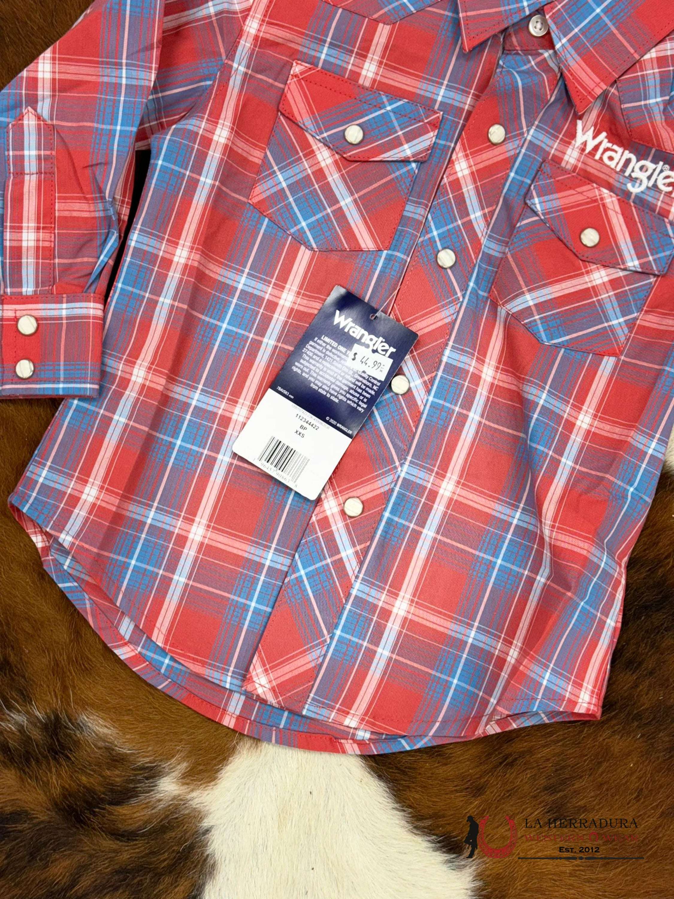 Wrangler Plaid Blue Red Pearl Snap Long Sleeve Niños