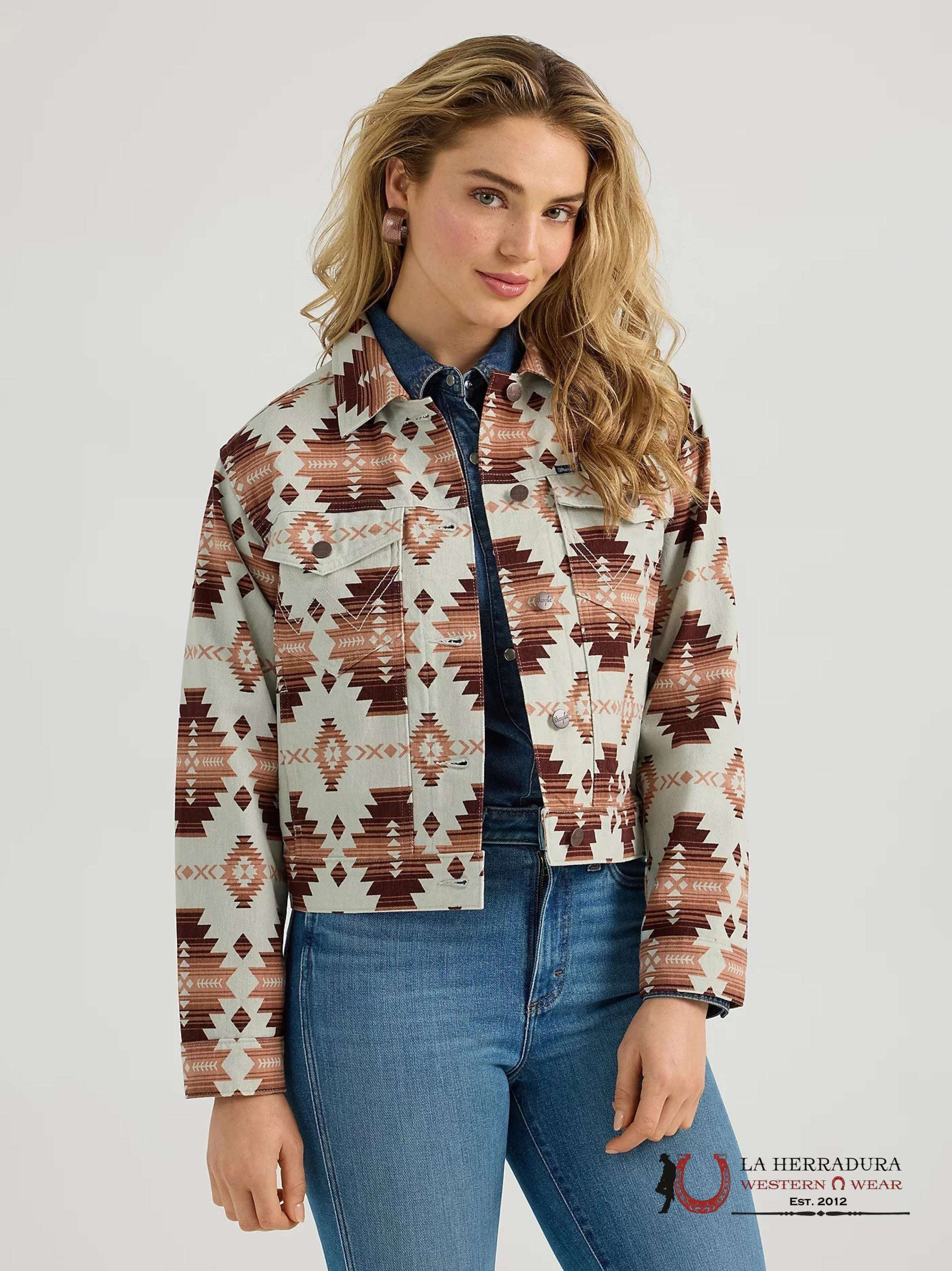 WRANGLER RETRO BRWON /PINK AZTEC DENIM JACKET BUTTON UP 112361195 ROPA MUJERES