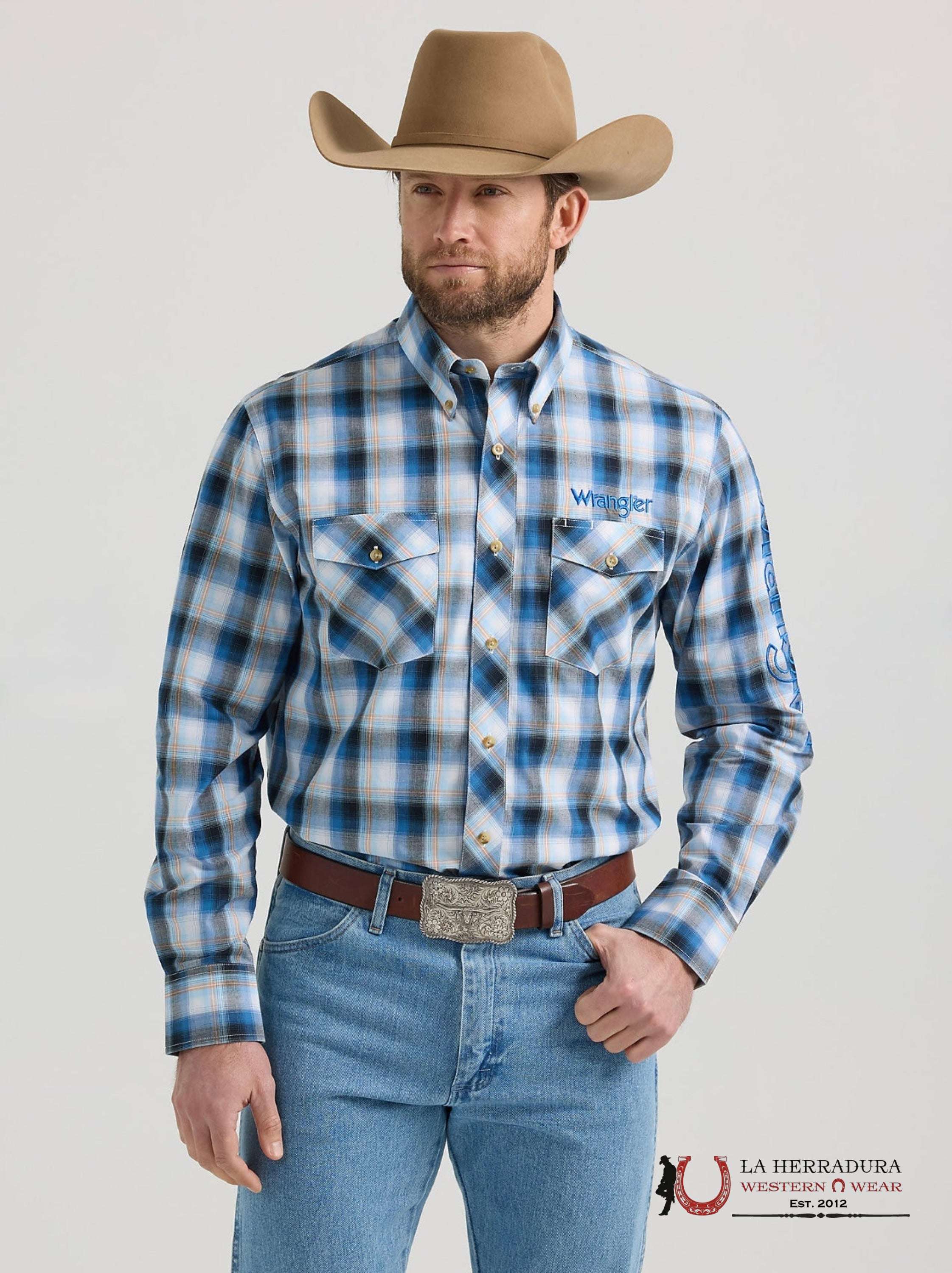 WRANGLER SHIRT CLASSIC FIT BLUE/ORANGE LONG SLEEVE 2383 ROPA HOMBRES